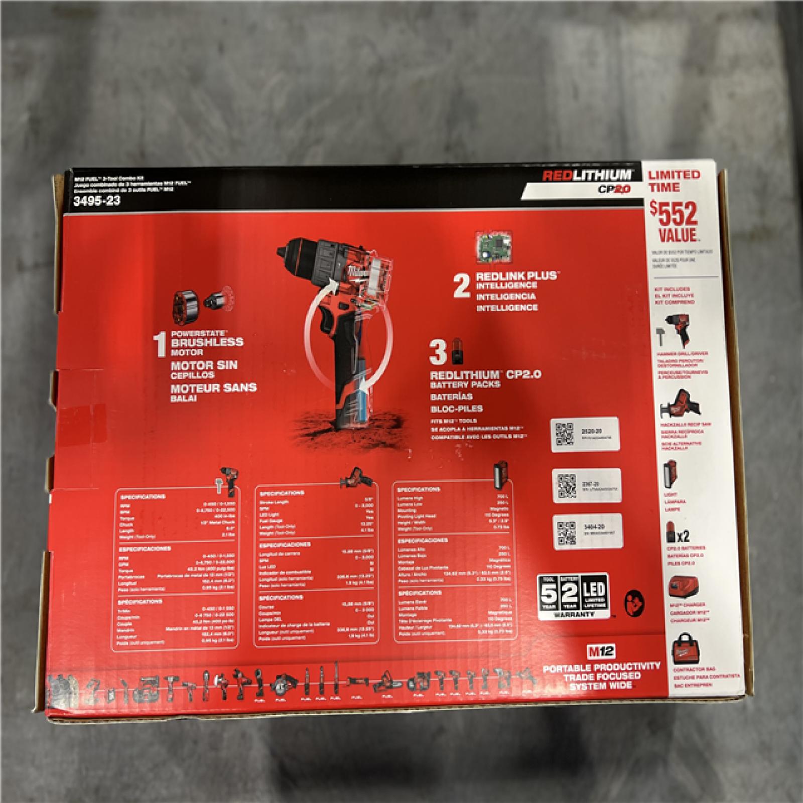 NEW!- Milwaukee M12 FUEL 12-Volt Li-Ion Brushless Cordless Hammer Drill Combo Kit  Reciprocating Saw  Flood Light w/2 Batteries (3-Tool)