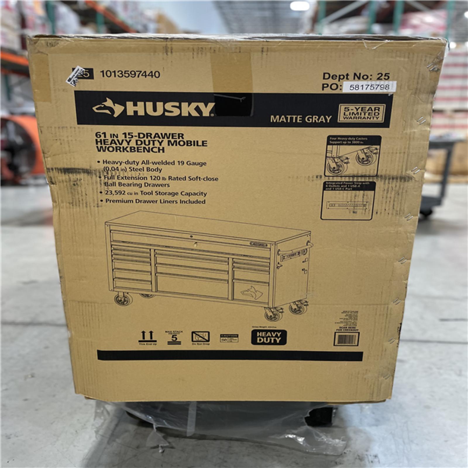 DALLAS LOCATION- AS IS- HUSKY 61IN. 15 DRAWER HEAVY DUTY MOBILE WORKBENCH