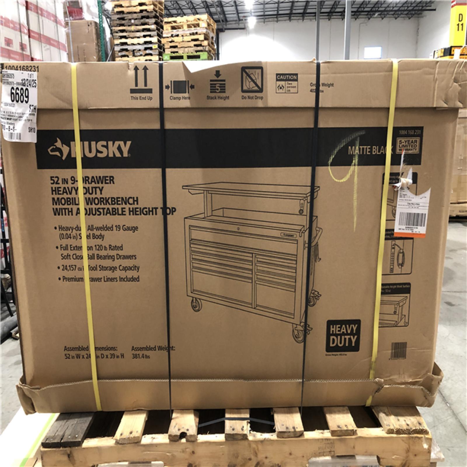 DALLAS LOCATION - Husky 52 in. W x 25 in. D Heavy Duty 9-Drawer Mobile Workbench Cabinet with Adjustable-Height Hardwood Top in Matte Black