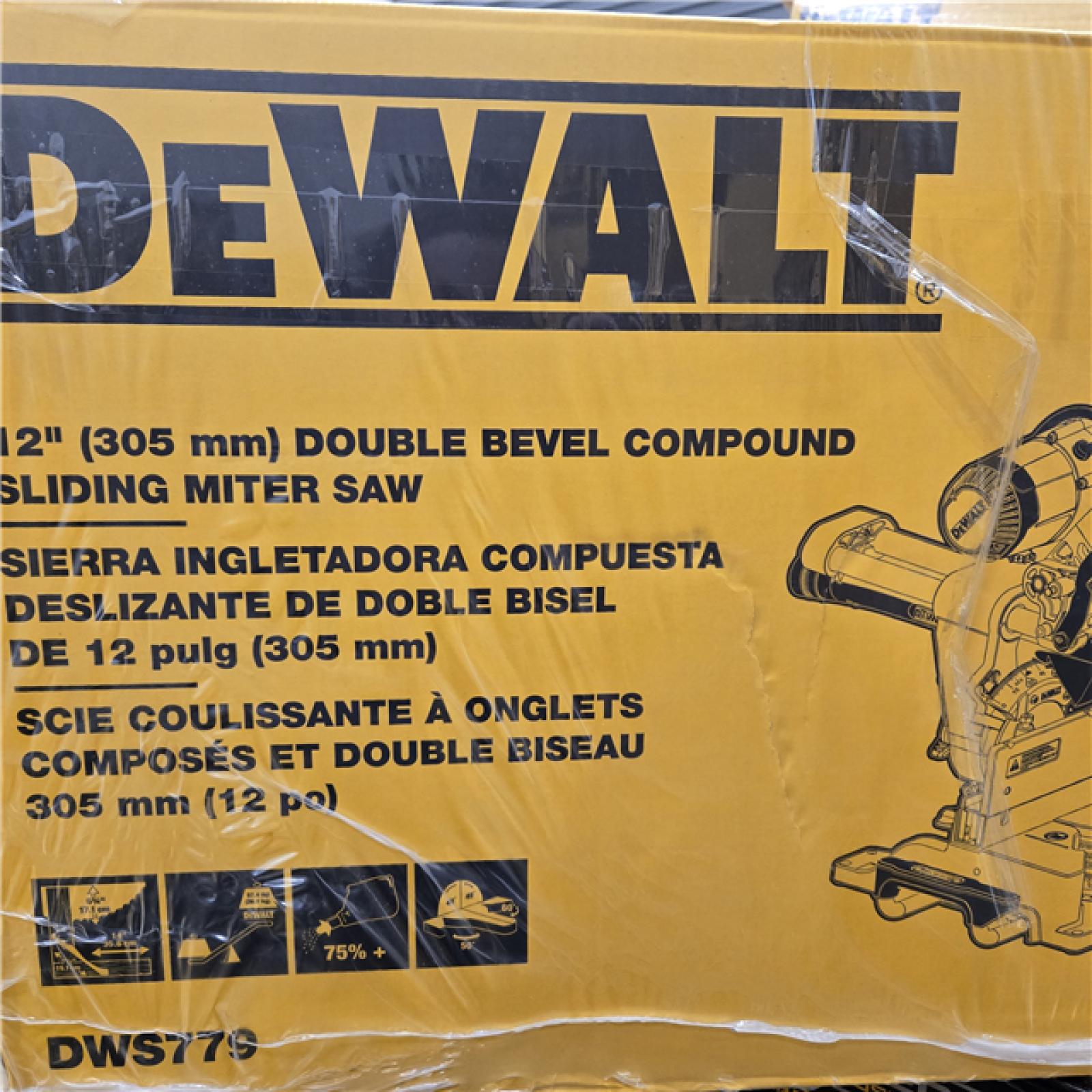 NEW- DEWALT 15 Amp Corded 12 in. Double Bevel Sliding Compound Miter Saw, Blade Wrench and Material Clamp