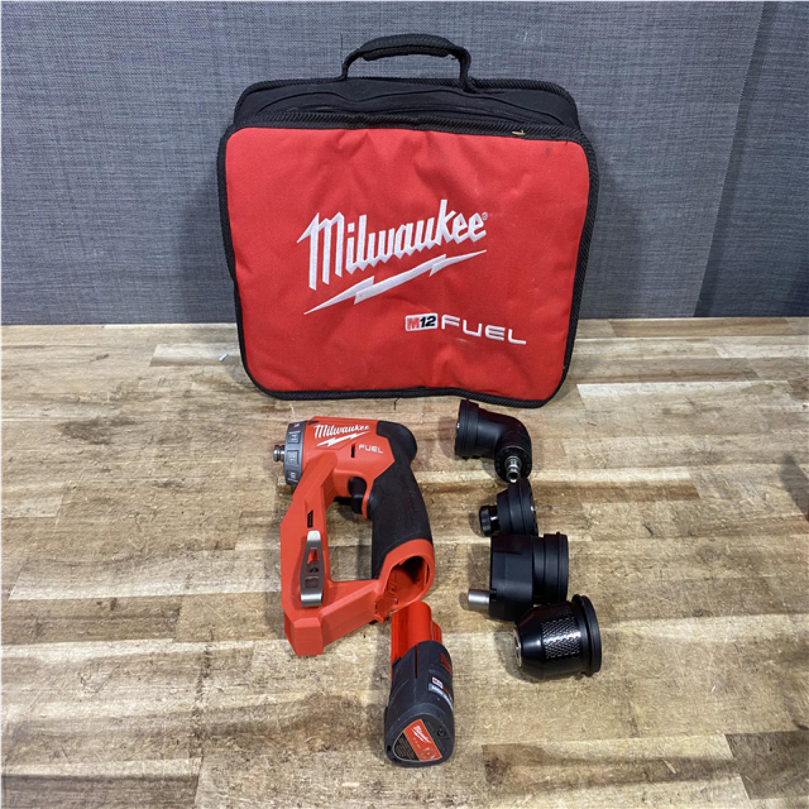 Houston Location AS-IS Milwaukee FUEL 12V Lithium-Ion Brushless Cordless 4-in-1 Installation 3/8 in. Drill Driver with 4 Tool Head (Tool-Only)
