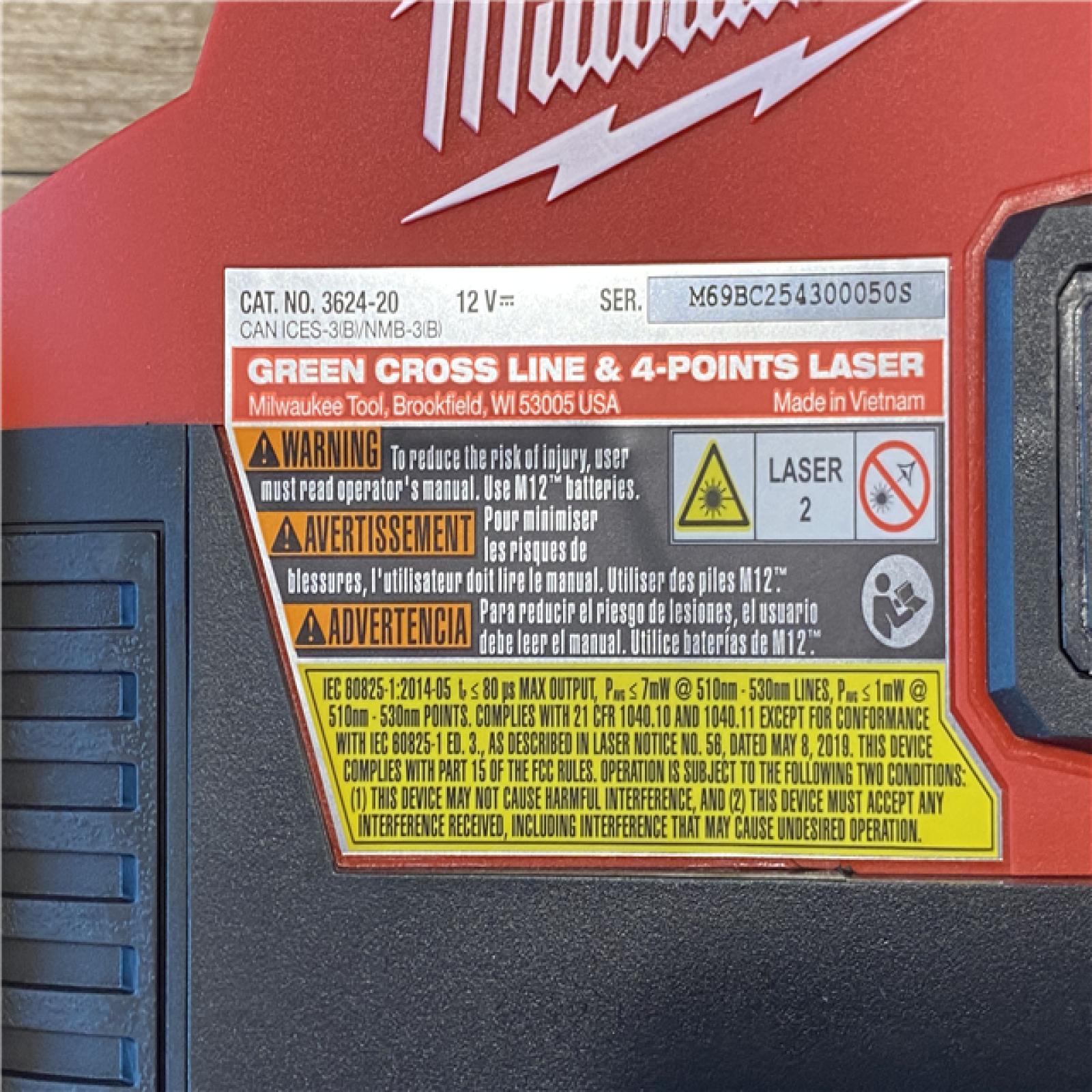 AS-IS Milwaukee 3624-20 12V M12 Lithium-Ion Cordless Green Beam Cross Line & 4-Points Laser