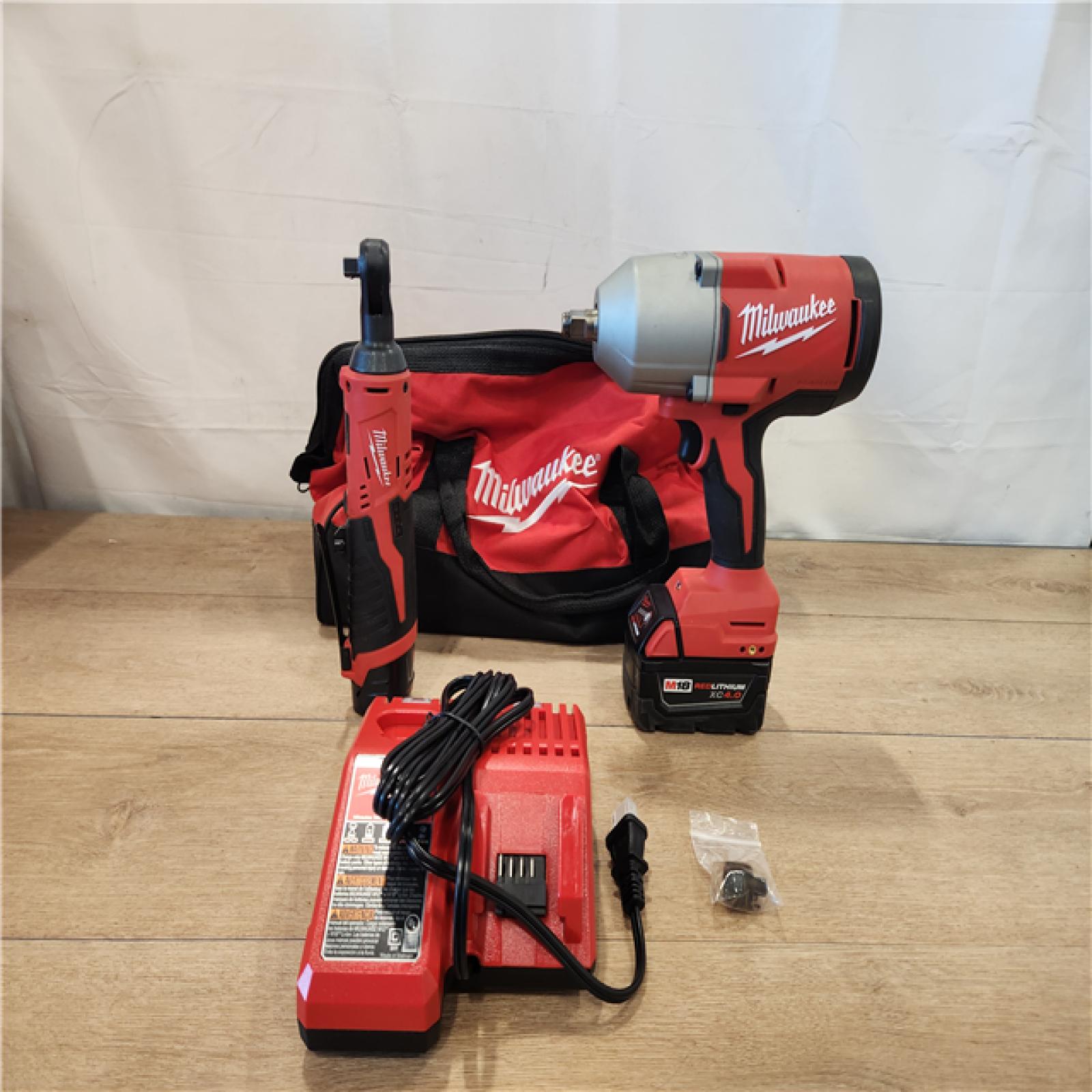 AS-IS- Milwaukee 12/18V Lithium-Ion Cordless 3/8 in. Ratchet and 1/2 in. High Torque Impact Wrench with Friction Ring Combo Kit