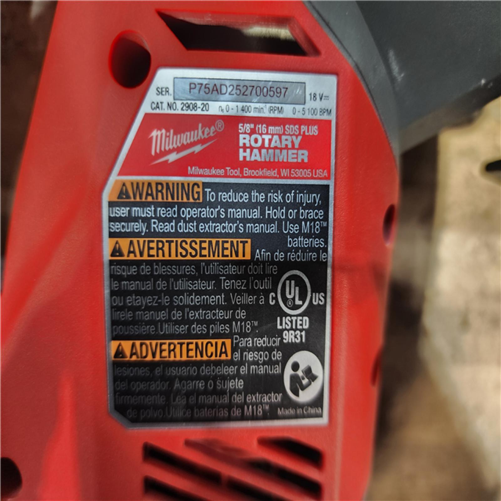 HOUSTON LOCATION - AS-IS Milwaukee  FUEL 18V Lithium-Ion Brushless Cordless 5/8 in. SDS-Plus Rotary Hammer (Tool-Only)