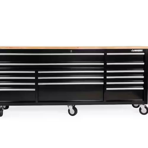 Husky 84 in. W 18 in. D 15-Drawer Mobile Workbench with Wood Top in Gloss Black