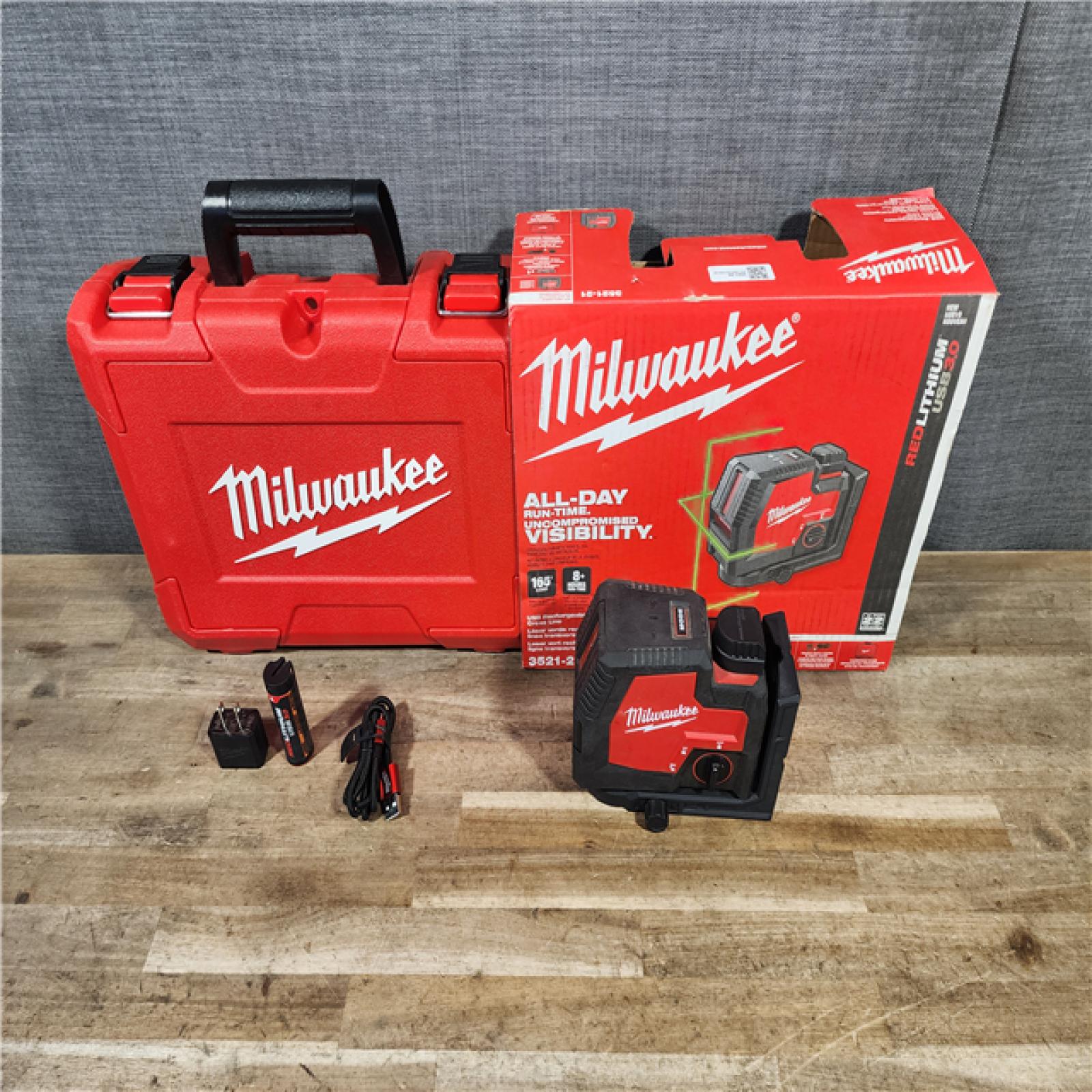 HOUSTON LOCATION - AS-IS Milwaukee 100 ft. REDLITHIUM Lithium-Ion USB Green Rechargeable Cross Line Laser Level with Charger