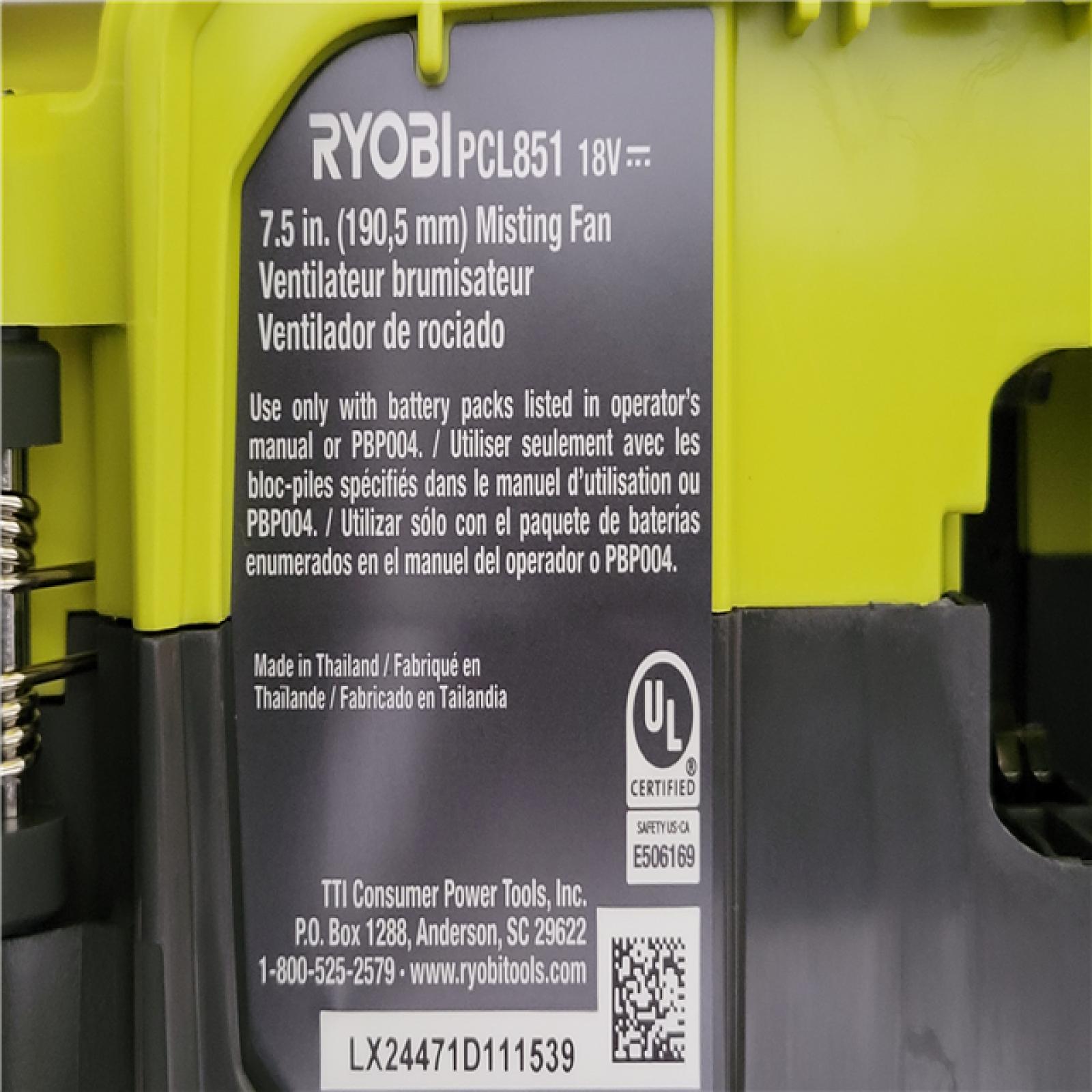 California NEW Ryobi One+ 18V 7.5 Bucket Top Misting Fan Kit  Includes (1) Battery & Charger