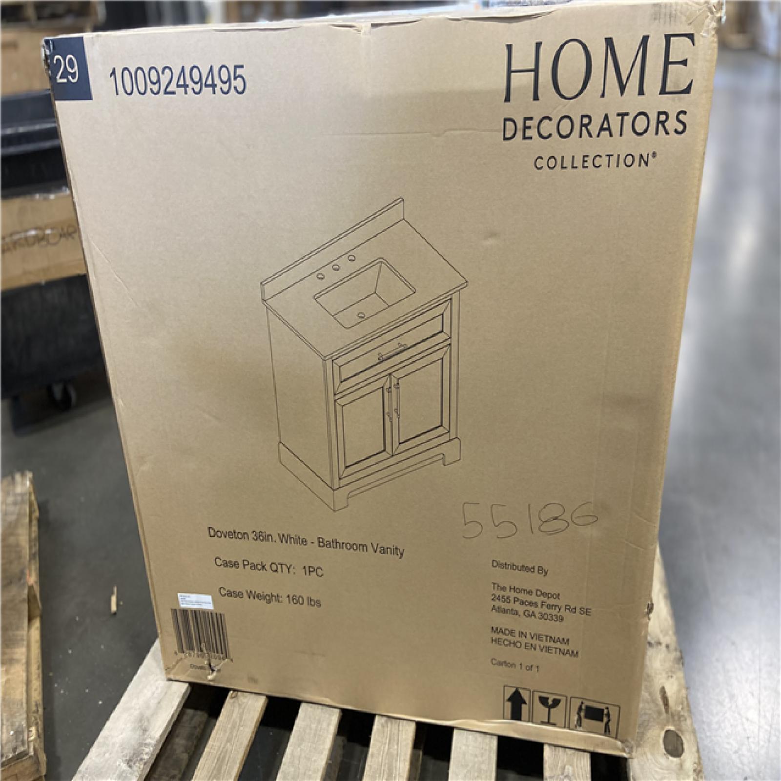 DALLAS LOCATION - Home Decorators Collection Doveton 36 in. Single Sink Freestanding White Bath Vanity with White Engineered Marble Top (Assembled)