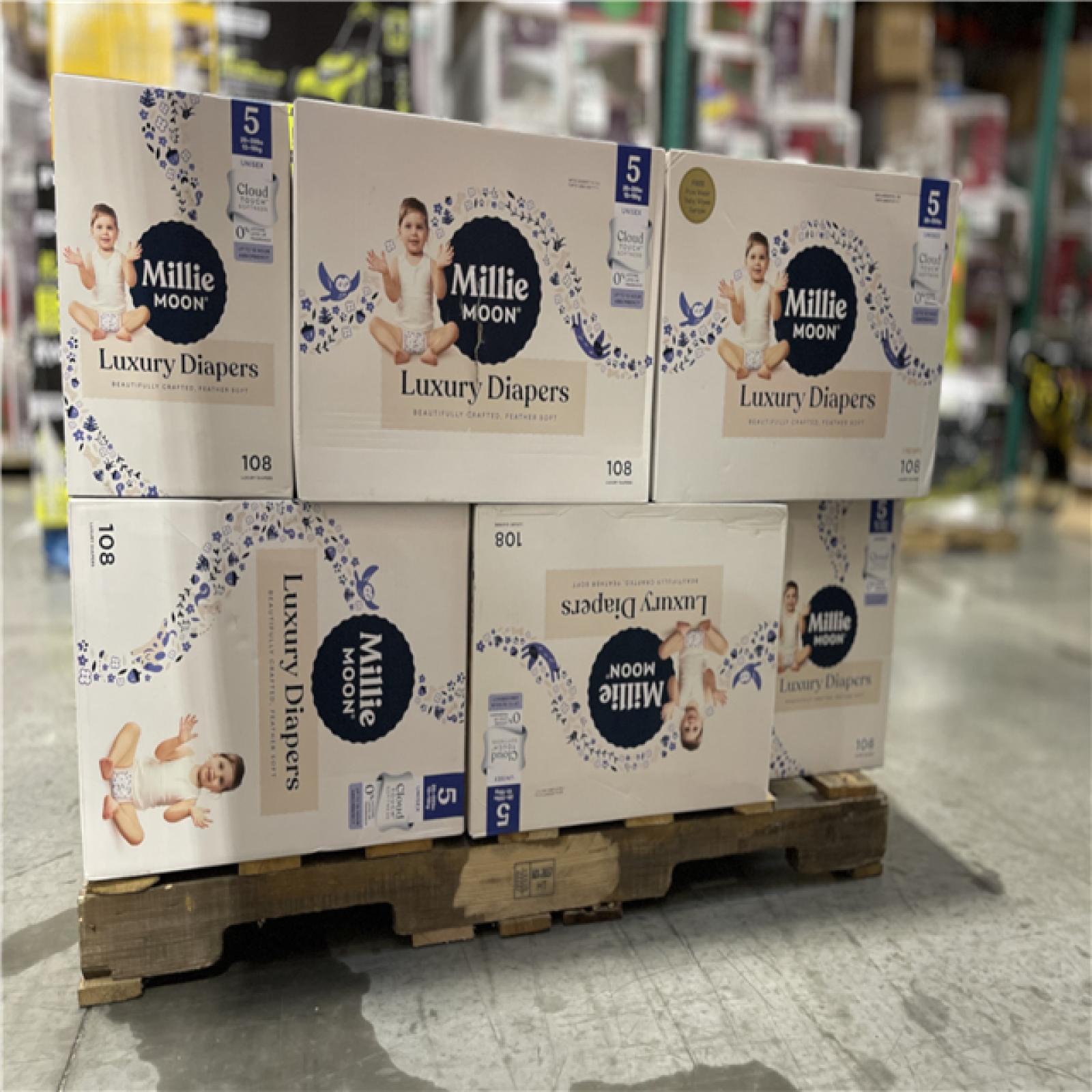 DALLAS LOCATION - Millie Moon Luxury Disposable Diapers - Size 5 - (108ct PER CASE) PALLET-(20 CASES)