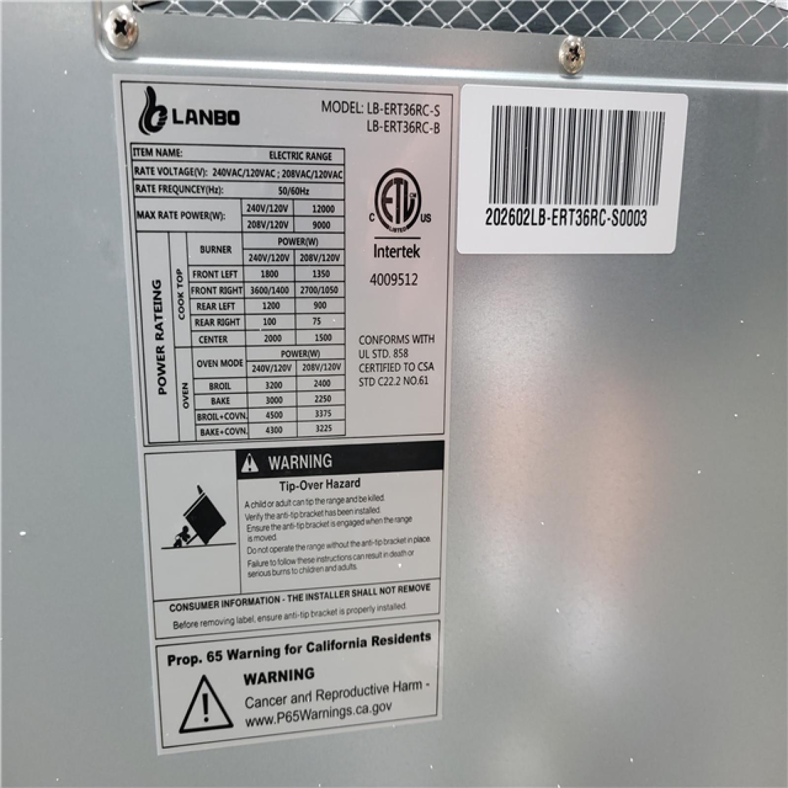 CALIFORNIA AS-IS LANBO ELECTRIC RANGE OVEN