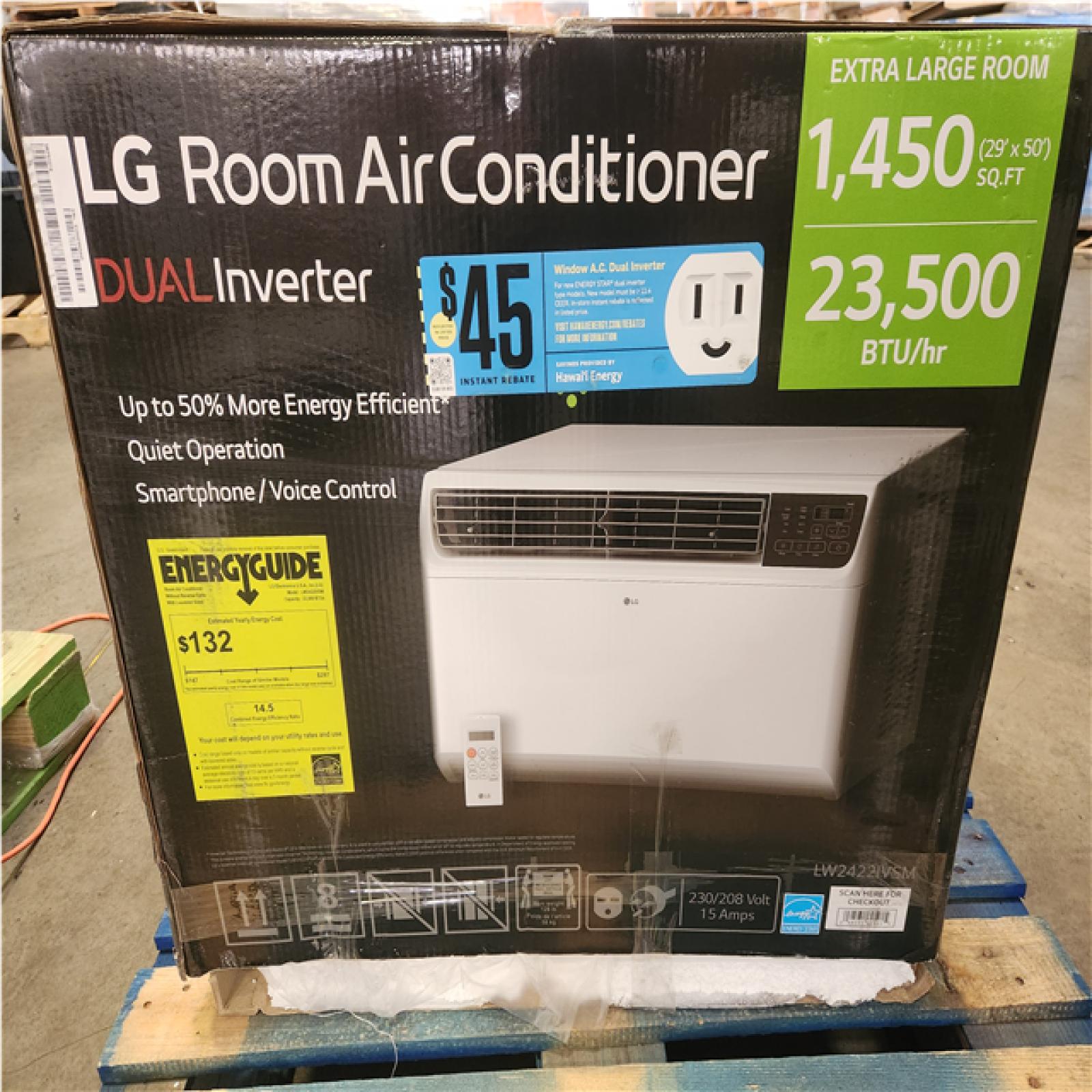 Phoenix AS-IS LG 23,500 BTU 230/208-Volt Window Air Conditioner Unit Cools 1450sq. ft. w/ Dual Inverter,Wi-Fi Enabled and Remote in White