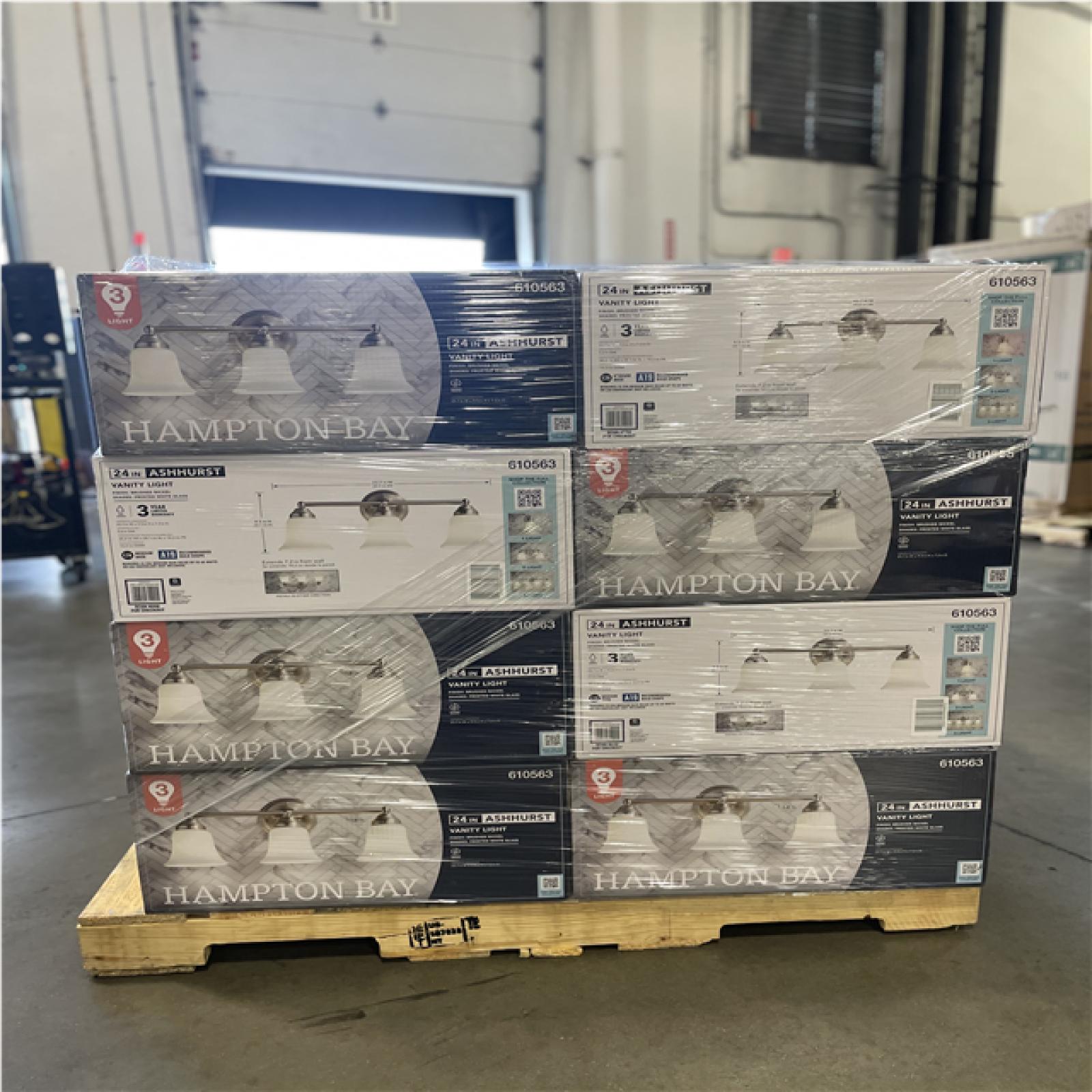 DALLAS LOCATION- AS-IS HAMPTON BAY Ashhurst 3-Light Brushed Nickel Bathroom Vanity Light w/ Frosted Glass Shades (40 UNITS)