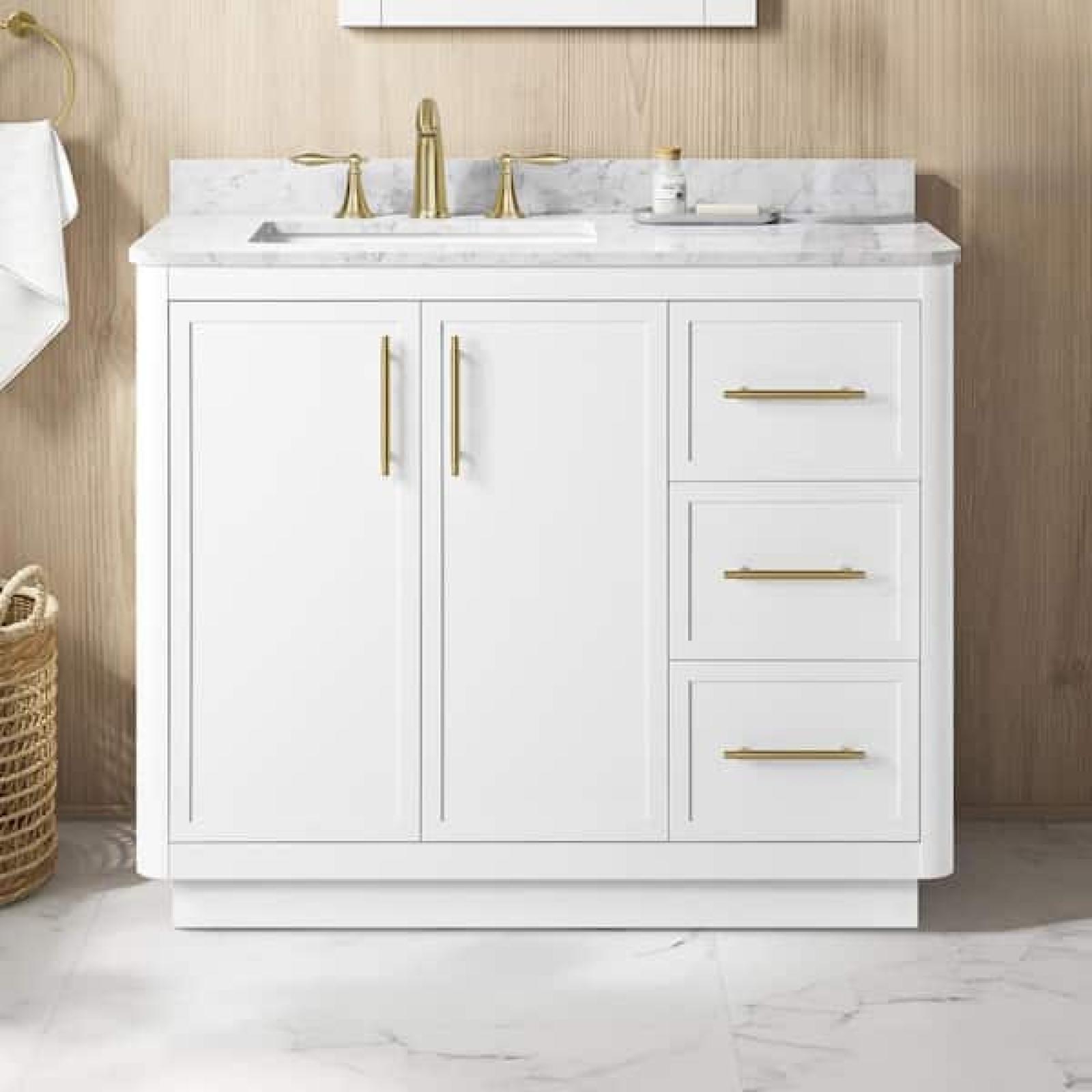 Phoenix NEW Home Decorators Collection Tamsin 42 in. Single Sink Freestanding White Bath Vanity with White Round Corner Engineered Marble Top (Assembled)