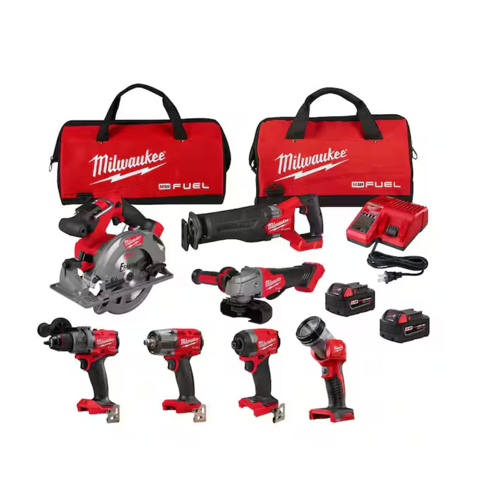 NEW! - Milwaukee M18 FUEL 18V Lithium-Ion Brushless Cordless Combo Kit with Two 5.0 Ah Batteries  1 Charger  2 Tool Bags (7-Tool)