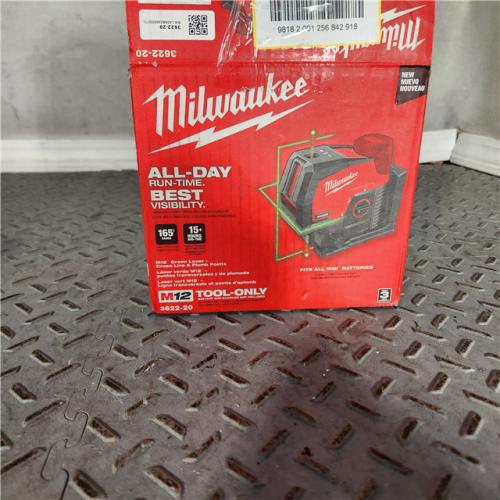Houston location- AS-IS Milwaukee 3622-20 M12 12V Lithium-Ion Cordless Green Beam Cross Line & Plumb Points Laser (Tool Only)