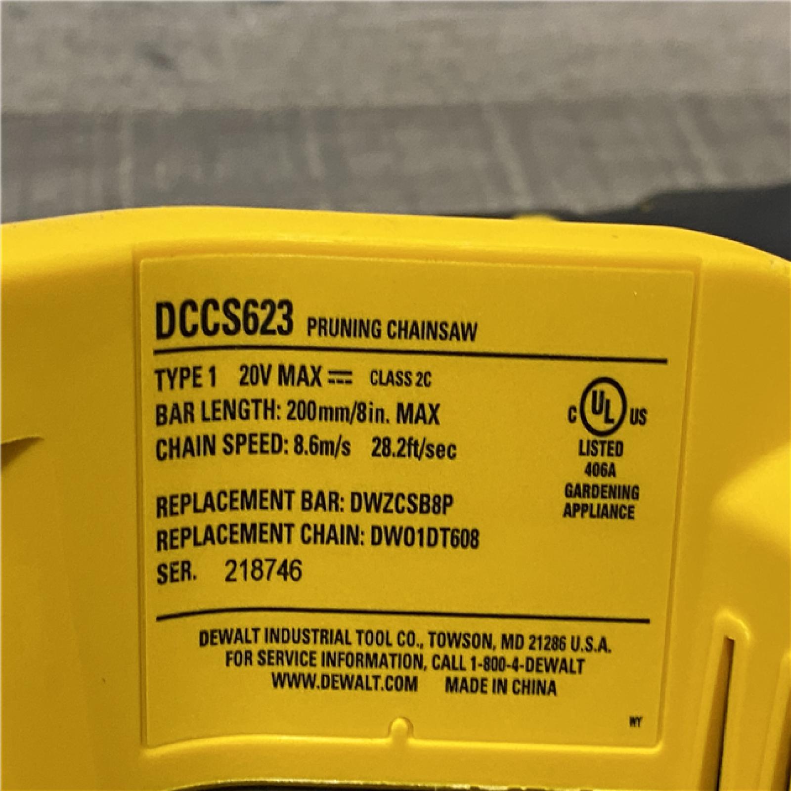 AS-IS DEWALT 20V MAX 8 in. Brushless Cordless Battery Powered Pruning Chainsaw (Tool Only)