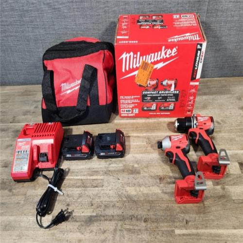 HOUSTON LOCATION - AS-IS Milwaukee M18 18V Lithium-Ion Brushless Cordless Compact Drill/Impact Combo Kit (2-Tool) W/(2) 2.0 Ah Batteries  Charger & Bag