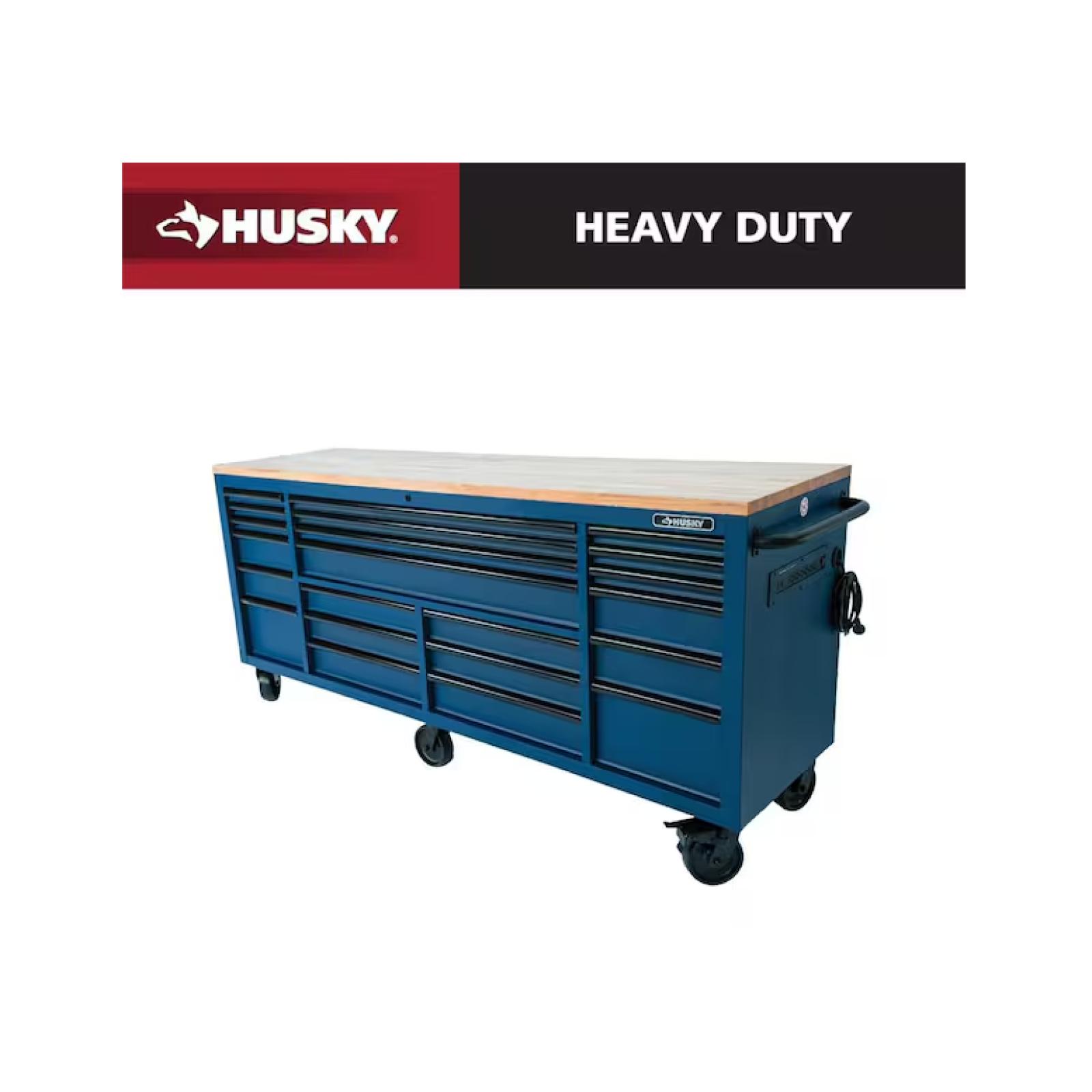 DALLAS LOCATION - Husky Tool Storage Heavy Duty 84 in. W x 24 in. D Matte Blue Mobile Workbench Cabinet