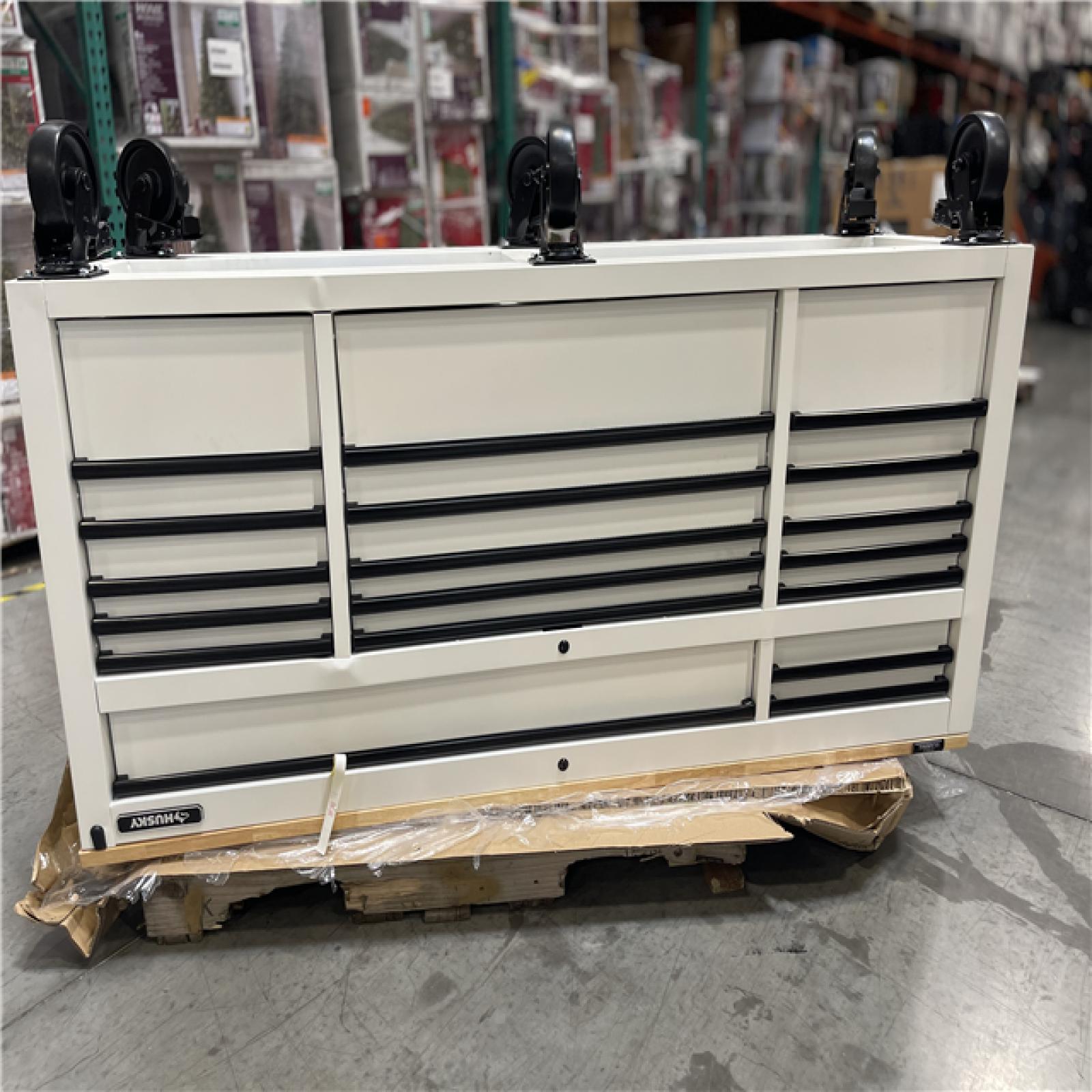 DALLAS LOCATION- AS IS! Husky Tool Storage 72 in. W x 24 in. D 18-Drawer Heavy Duty Adjustable Height Mobile Workbench Cabinet in Matte White