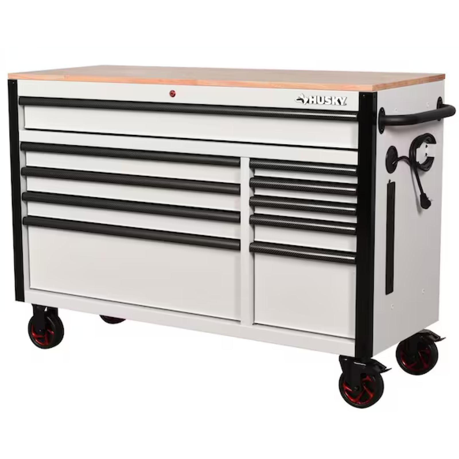 DALLAS LOCATION- AS-IS HUSKY 52 in. W 10-Drawer Matte White/Carbon Fiber Trim/Woodtop Workbench