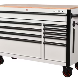 DALLAS LOCATION- AS-IS HUSKY 52 in. W 10-Drawer Matte White/Carbon Fiber Trim/Woodtop Workbench