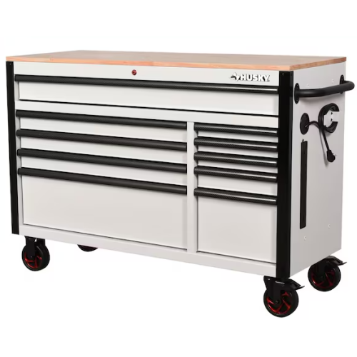 DALLAS LOCATION- AS-IS HUSKY 52 in. W 10-Drawer Matte White/Carbon Fiber Trim/Woodtop Workbench