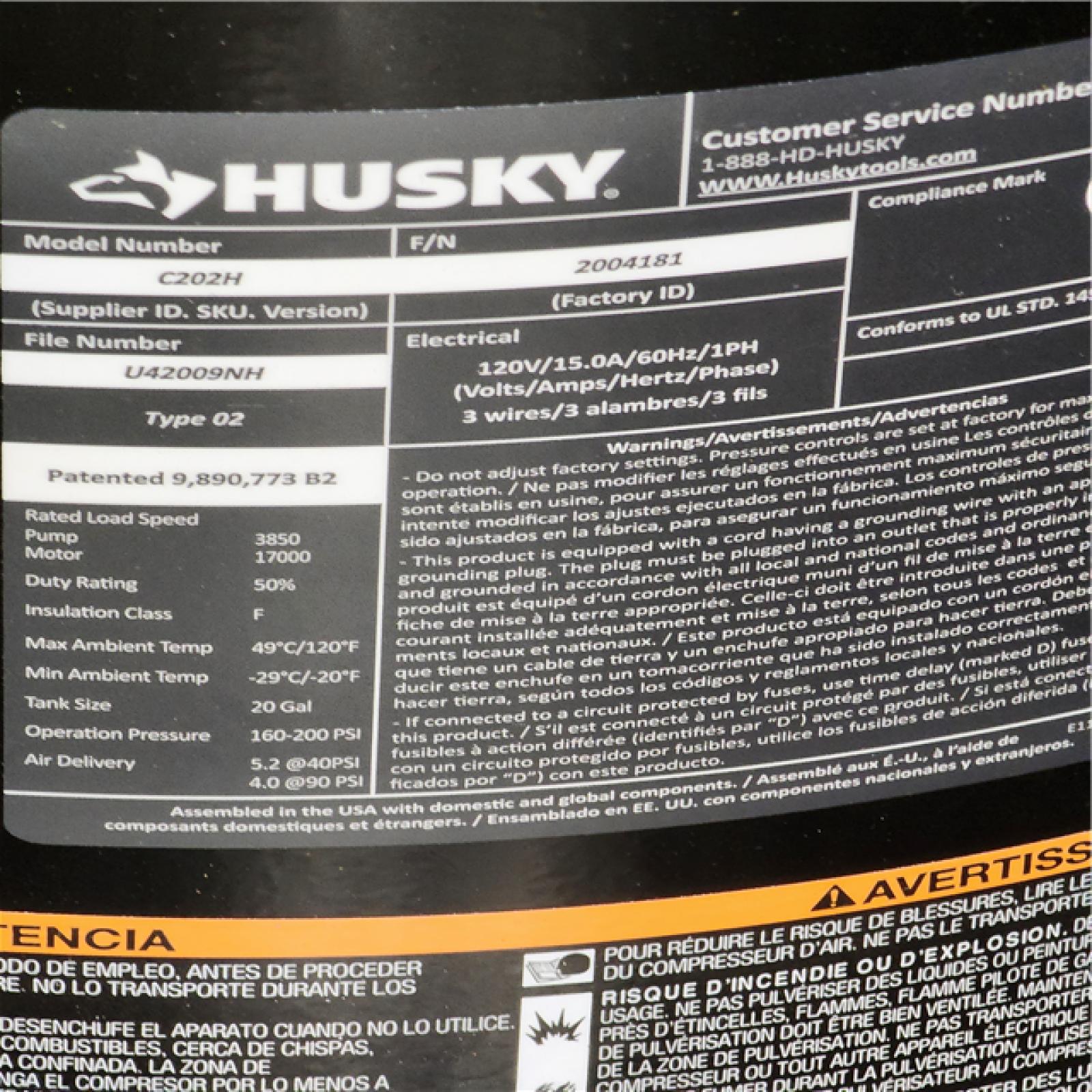 HOUSTON LOCATION - AS-IS Husky 20 Gal. 200 PSI Oil Free Portable Vertical Electric Air Compressor