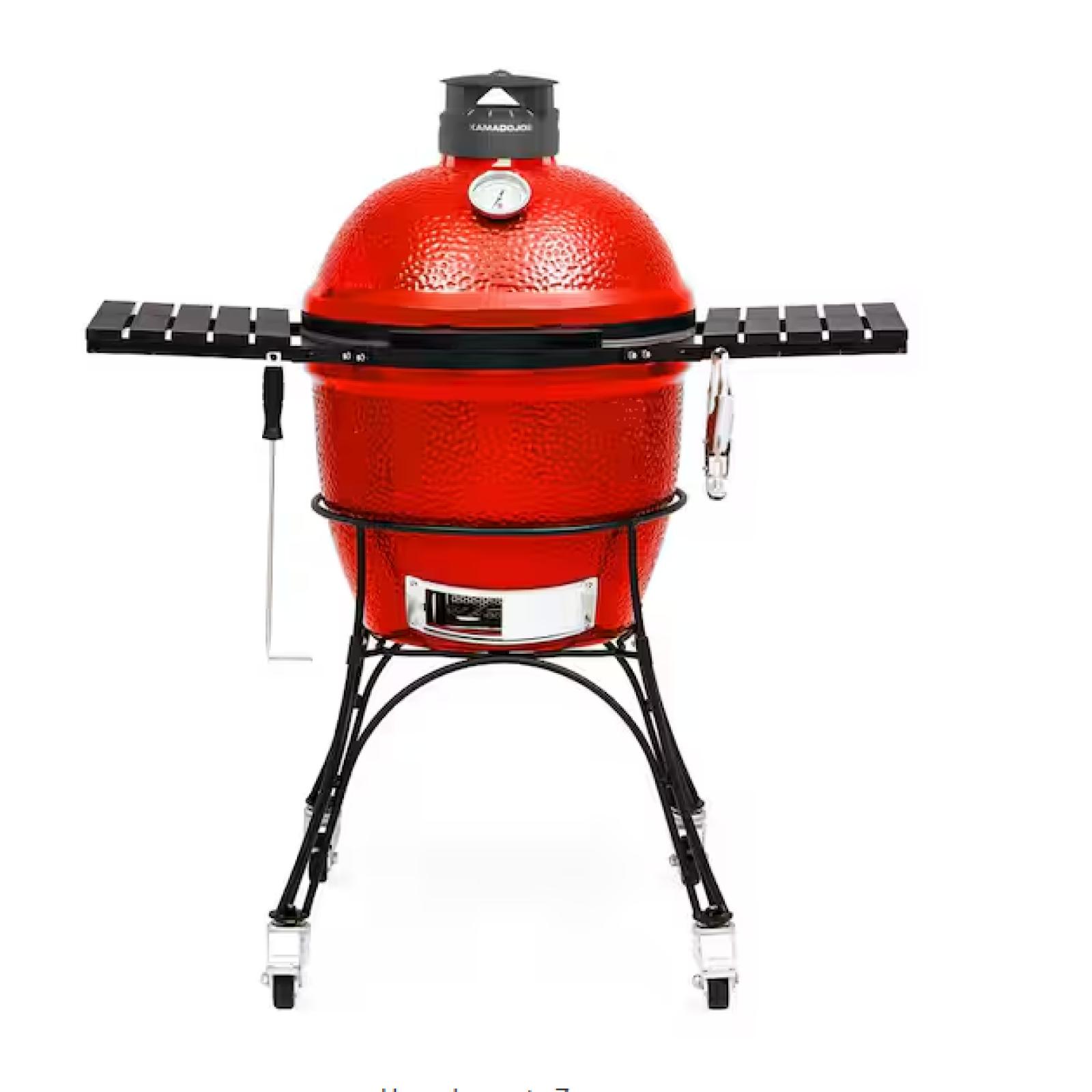 DALLAS LOCATION -Kamado Joe Classic Joe II 18 in. Charcoal Grill in Red with Cart, Side Shelves, Grate Gripper, and Ash Tool