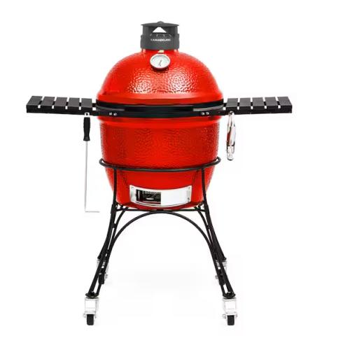 DALLAS LOCATION -Kamado Joe Classic Joe II 18 in. Charcoal Grill in Red with Cart, Side Shelves, Grate Gripper, and Ash Tool