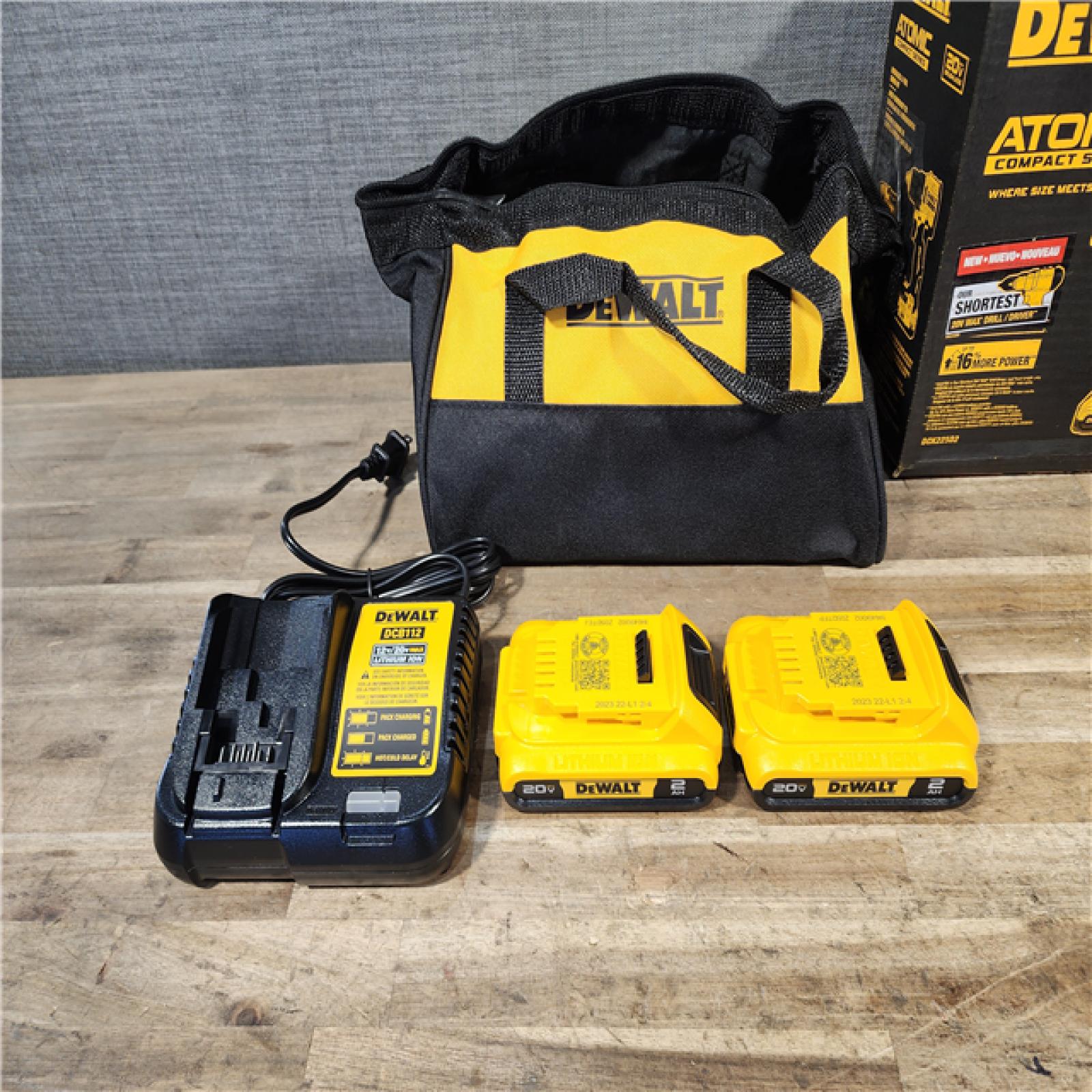 HOUSTON LOCATION - AS-IS Dewalt DCK225D2 20V MAX ATOMIC Brushless Compact Lithium-Ion 1/2 in. Cordless Drill Driver and 1/4 in. Impact Driver Combo Kit with 2 Batteries 2 Ah