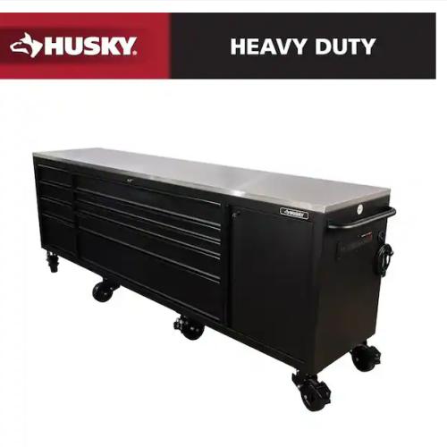 DALLAS LOCATION - Husky 108 in. W x 24 in. D 9-Drawer Heavy-Duty Mobile Workbench with Stainless Steel Top in Matte Black