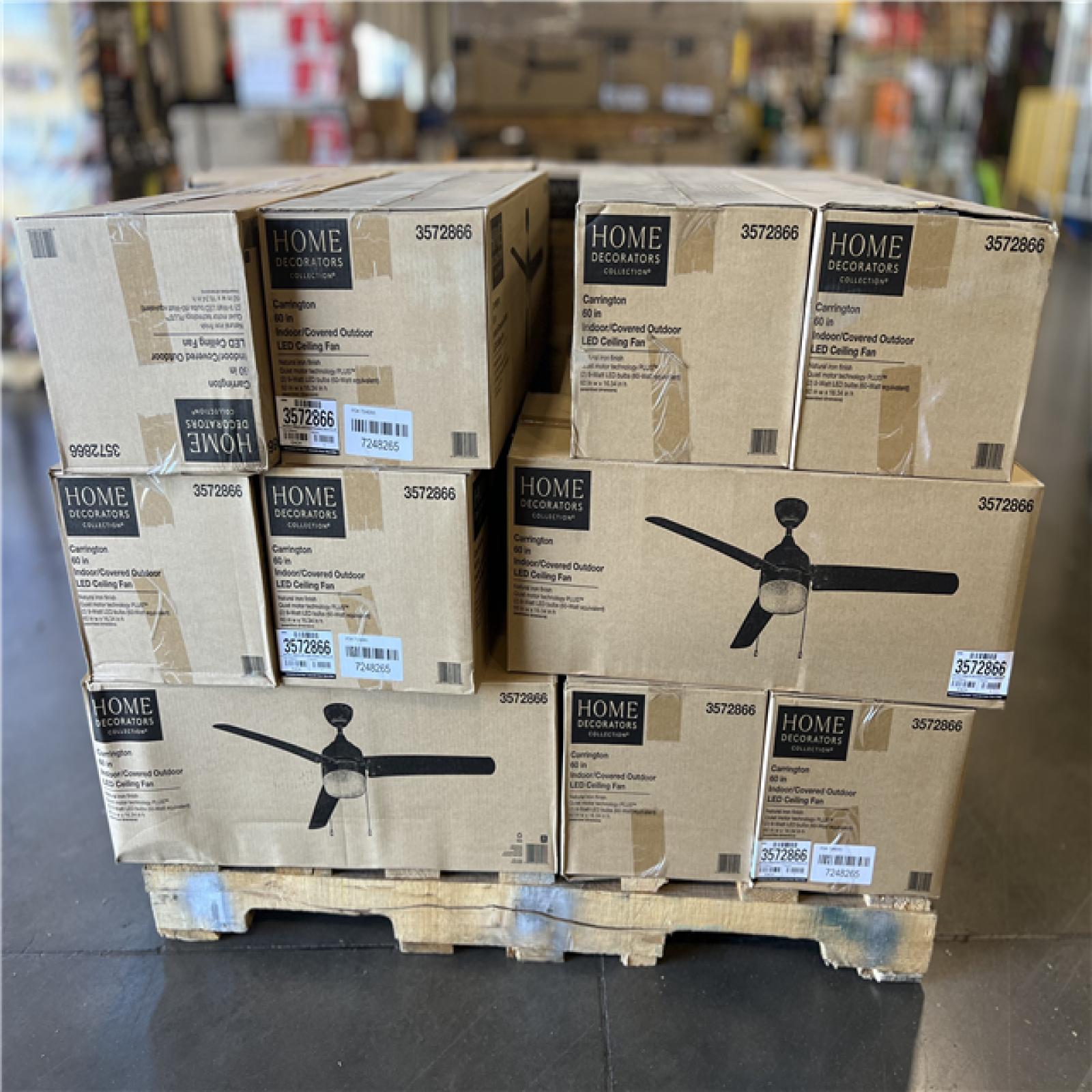 DALLAS LOCATION- Home Decorators Collection Carrington 60 in. Indoor/Outdoor Ceiling Fan with LED Dome Light Kit  Natural Iron with Black Blades PALLET -(18 UNITS)