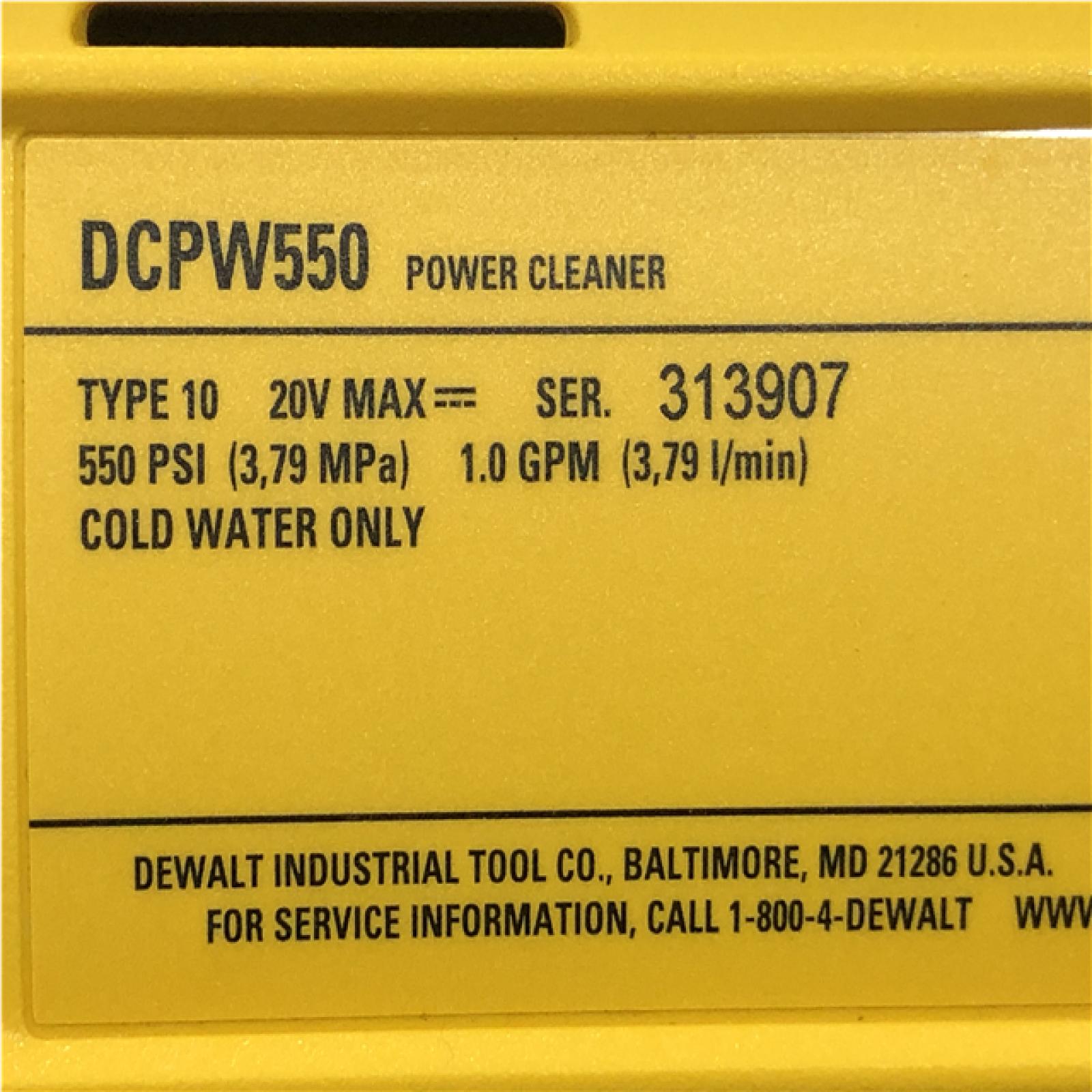 AS-IS DEWALT 20V MAX 550 PSI 1.0 GPM Cold Water Cordless Power Cleaner with 4-Nozzles (Tool Only)