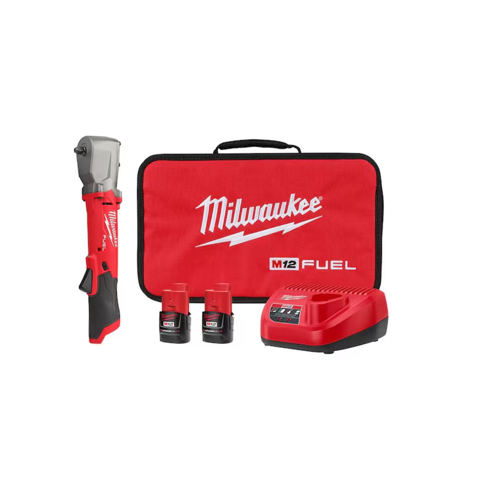 NEW! - Milwaukee M12 FUEL 12V Lithium-Ion Brushless Cordless 3/8 in. Right Angle Impact Wrench Kit with Two 2.0 Ah Batteries