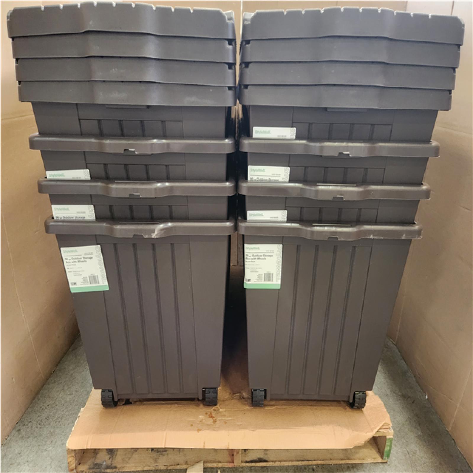 Phoenix LIKE NEW StyleWell 90 Gal. Resin Deck Box with Wheels in Brown Pallet of 8 (RV: $639)