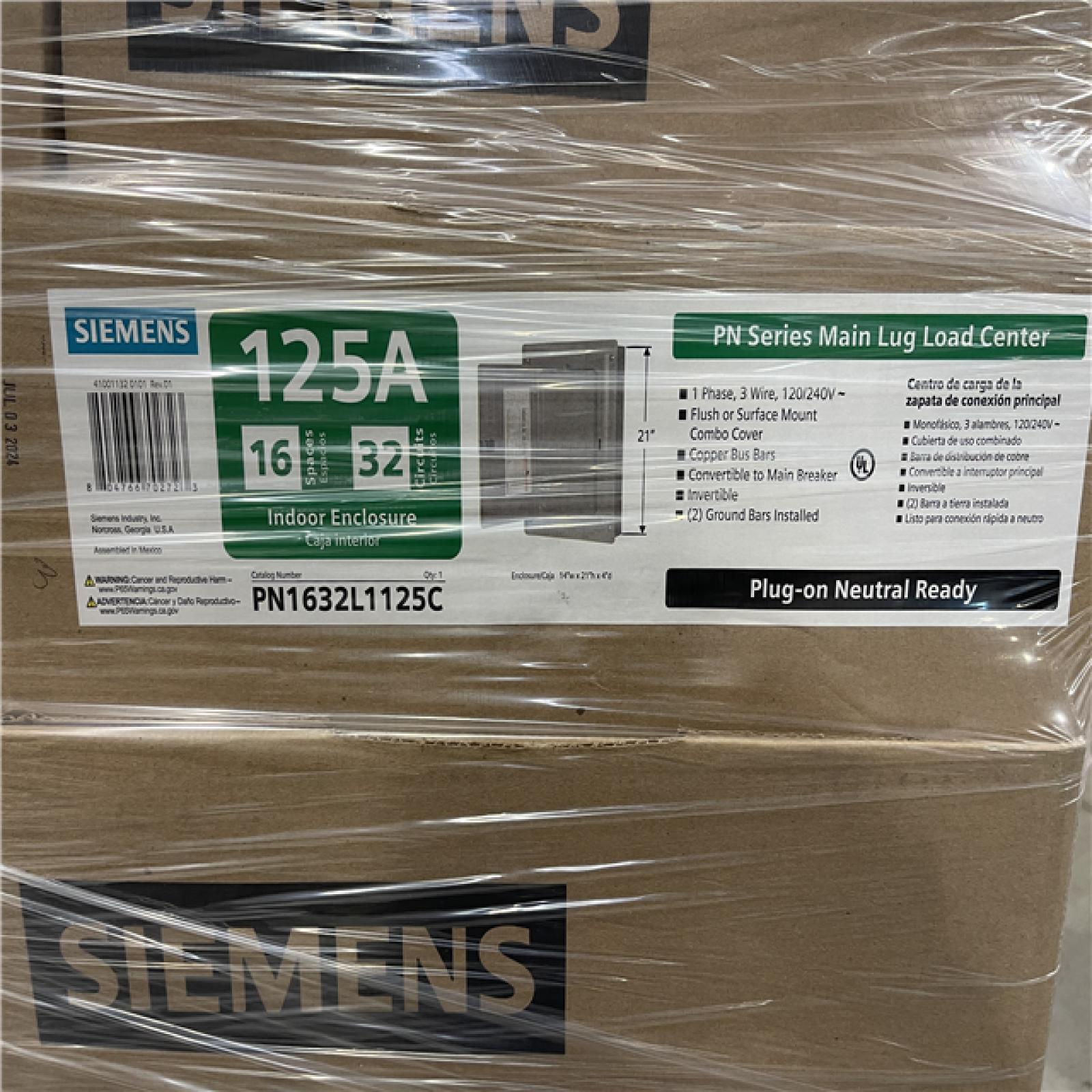 DALLAS LOCATION- Siemens PN Series 125 Amp 16-Space 32-Circuit Main Lug Plug-On Neutral Load Center Indoor with Copper Bus PALLET-(45 UNITS)