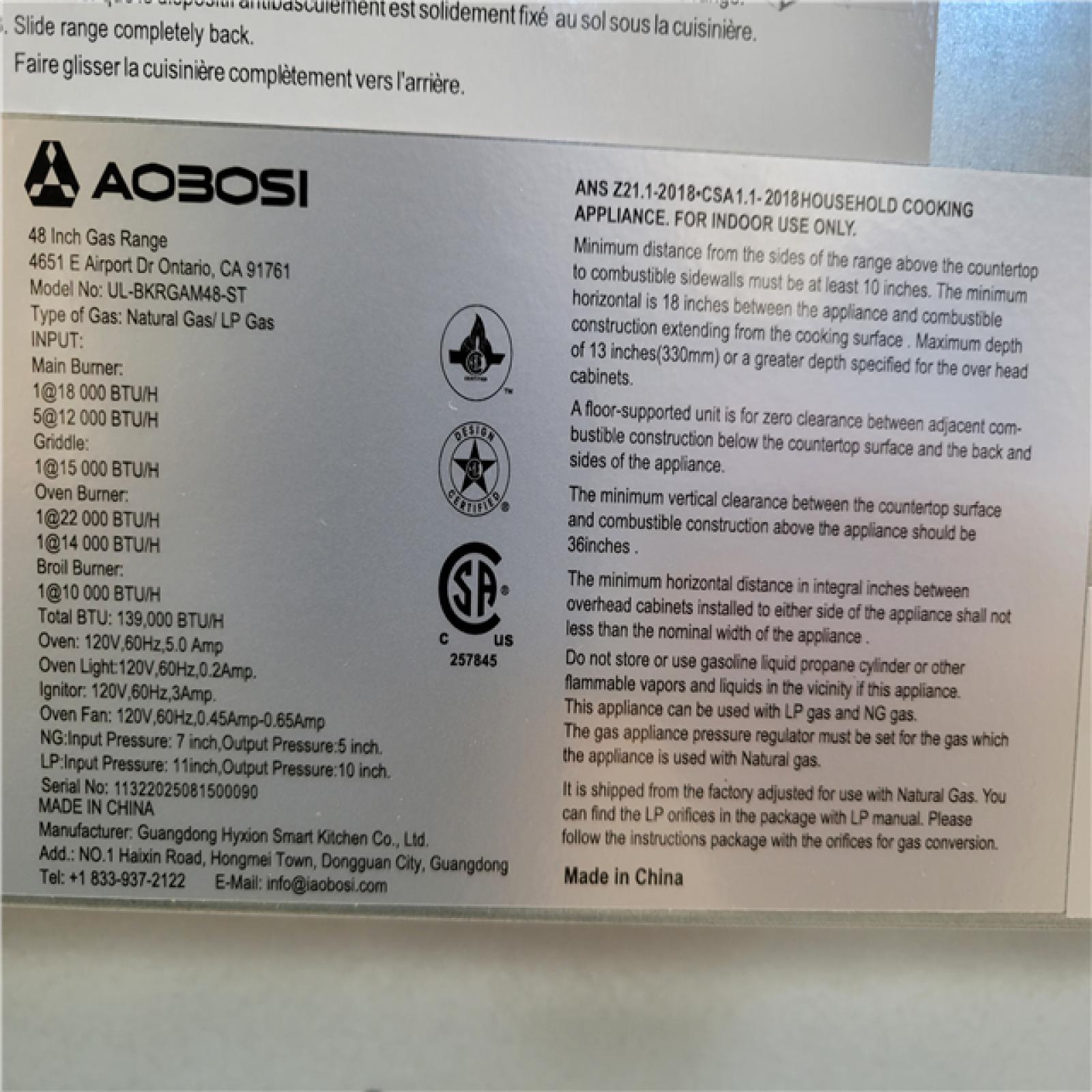 California AS-IS Professional Style 48 Gas Range; Model #UL-BKRGAM48-ST; Appears in Excellent Condition