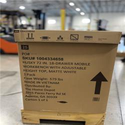 DALLAS LOCATION -AS-IS Husky Tool Storage 72 in. W x 24 in. D 18-Drawer Heavy Duty Adjustable Height Mobile Workbench Cabinet in Matte White