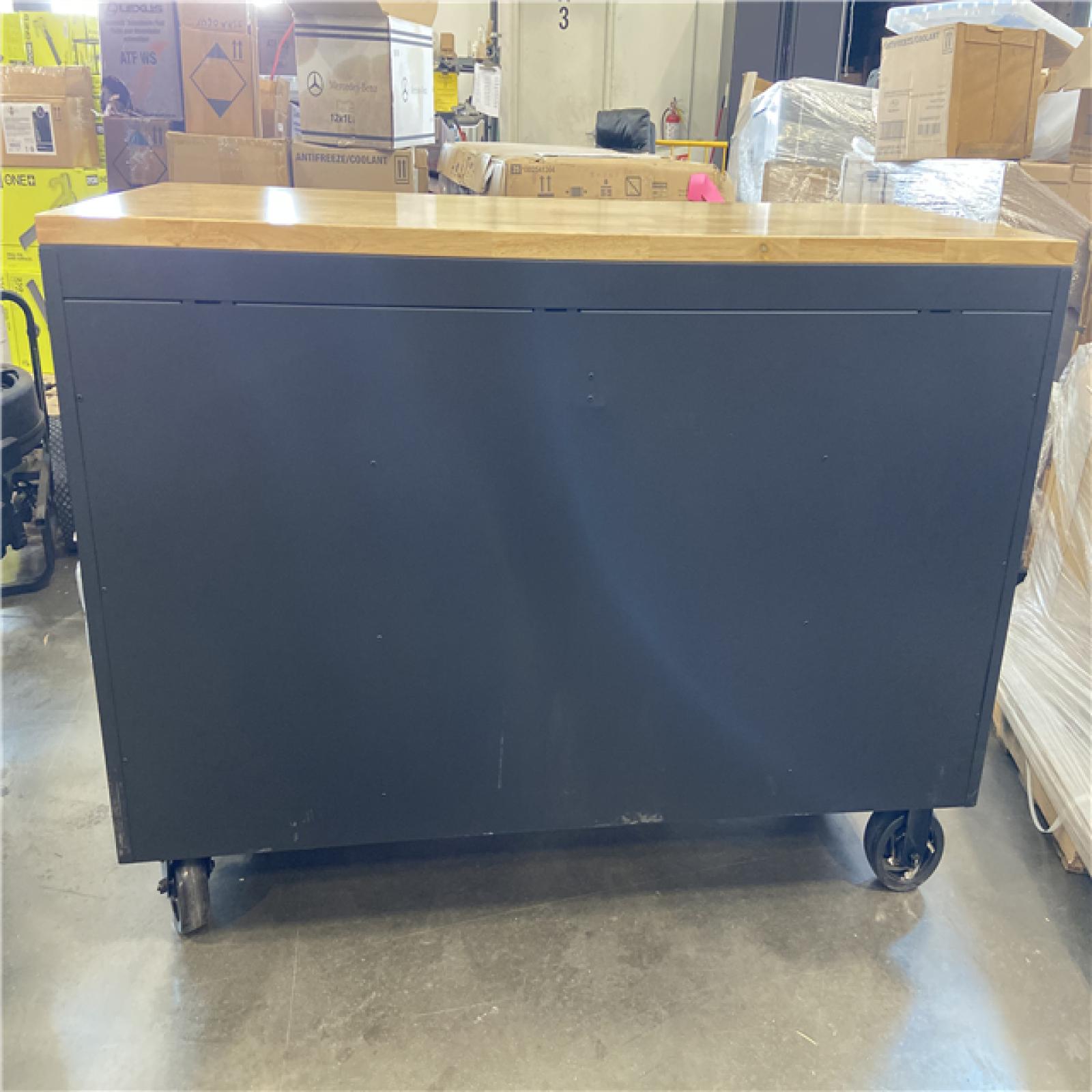DALLAS LOCATION - Husky 61 in. W x 23 in. D Heavy Duty 15-Drawer Mobile Workbench Tool Chest with Solid Wood Top in Matte Black