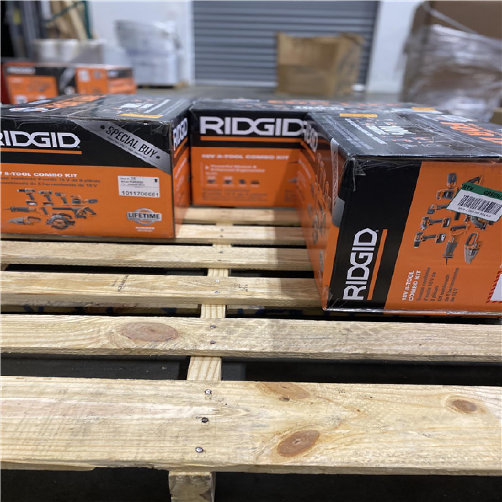 Dallas Location - NEW- 	RIDGID 18V Cordless 8-Tool Combo Kit with 2.0 Ah Battery  4.0 Ah Battery  Charger  and Tool Bag(Lot Of 3)
