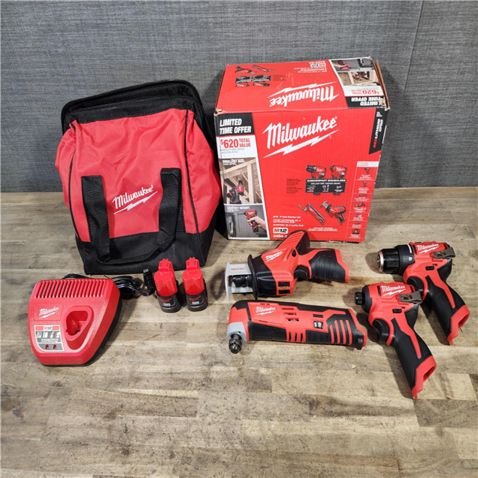 HOUSTON LOCATION - AS-IS MILWAUKEE M12 4 TOOL COMBO KIT