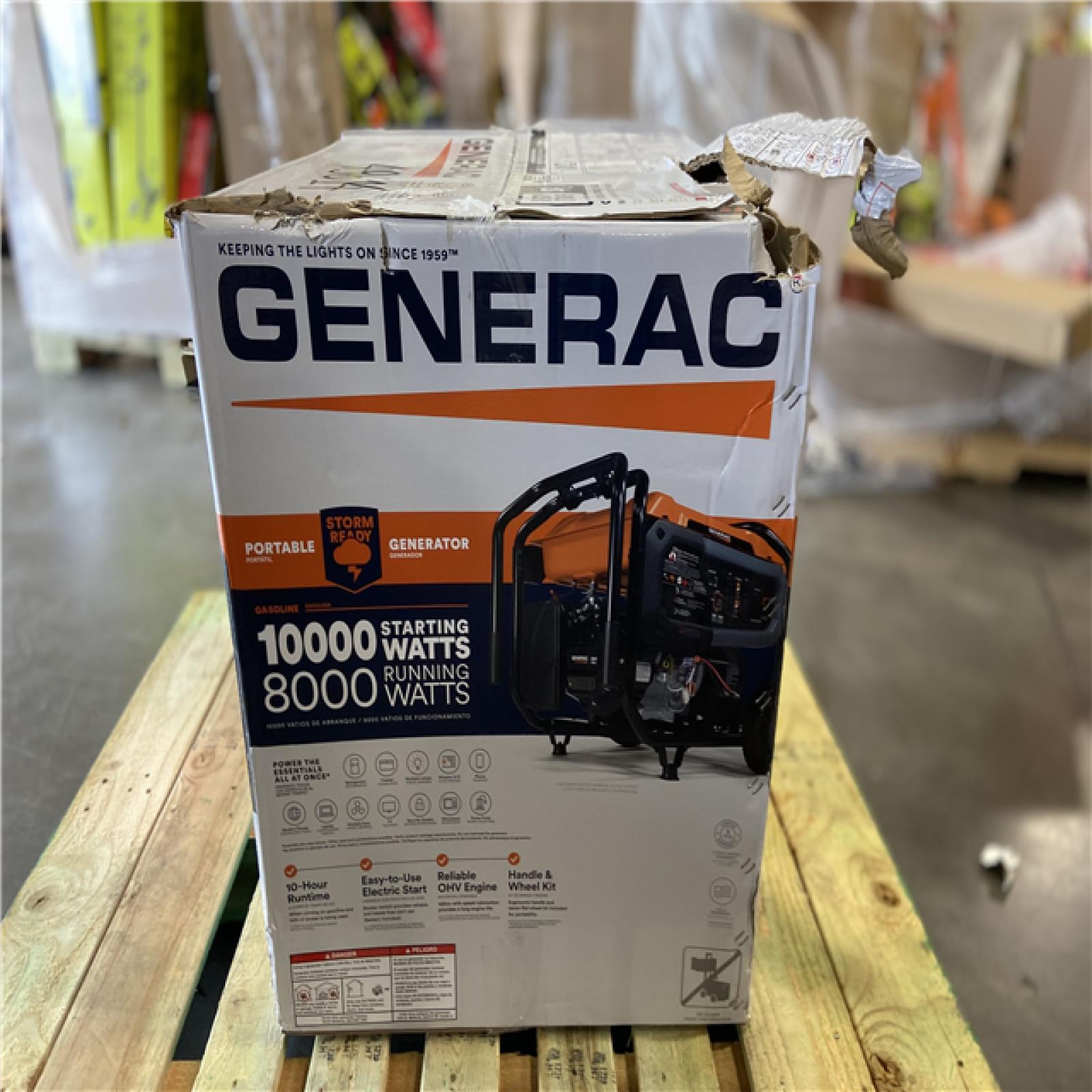 DALLAS LOCATION - Generac 10000 / 8000-Watt Electric Start Gasoline Powered Portable Generator w/ COSense and 3 ft. Adapter Cord Included-GP8000E