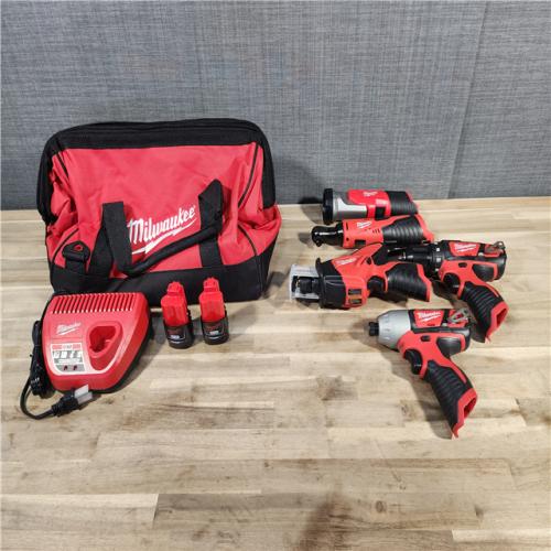 HOUSTON LOCATION - AS-IS (APPEARS LIKE NEW) MILWAUKEE M12 12V Lithium-Ion Cordless Combo Kit (5-Tool) with Two 1.5Ah Batteries, Charger & Tool Bag
