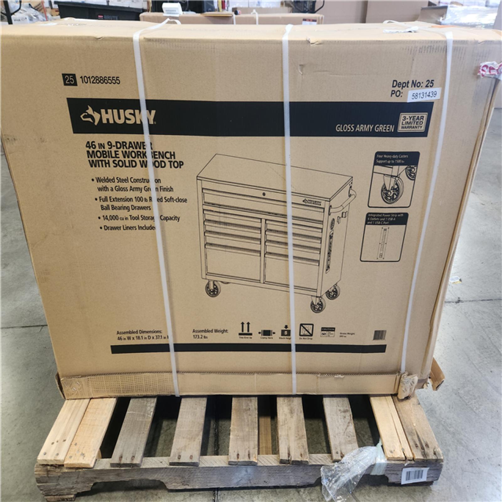 Phoenix Husky 46 in. W x 18.1 in. D 9-Drawer Army Green Mobile Workbench Cabinet with Solid Wood Top