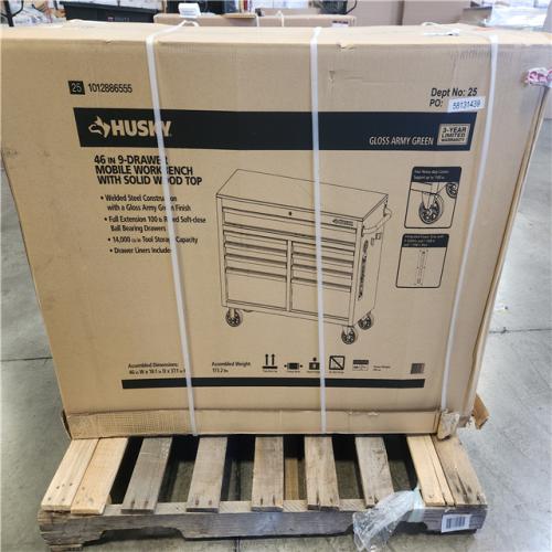 Phoenix Husky 46 in. W x 18.1 in. D 9-Drawer Army Green Mobile Workbench Cabinet with Solid Wood Top