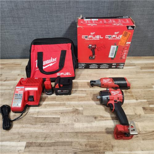 HOUSTON LOCATION - AS-IS (APPEARS LIKE NEW) Milwaukee FUEL 18V Cordless Mid Torque 1/2 in. Impact Wrench w/ M12 FUEL 3/8 in. Ratchet & Battery/Charger Combo Kit