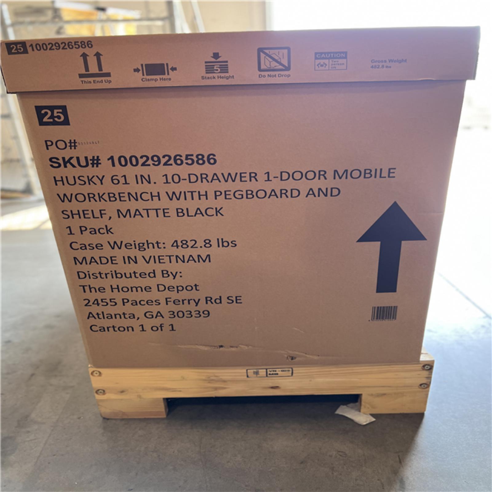 DALLAS LOCATION- Husky 61 in. W x 26 in. D Heavy Duty 10-Drawer 1-Door Mobile Workbench with Hardwood Top, Pegboard and Shelf in Matte Black