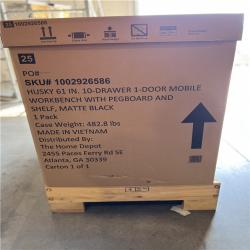 DALLAS LOCATION- Husky 61 in. W x 26 in. D Heavy Duty 10-Drawer 1-Door Mobile Workbench with Hardwood Top, Pegboard and Shelf in Matte Black