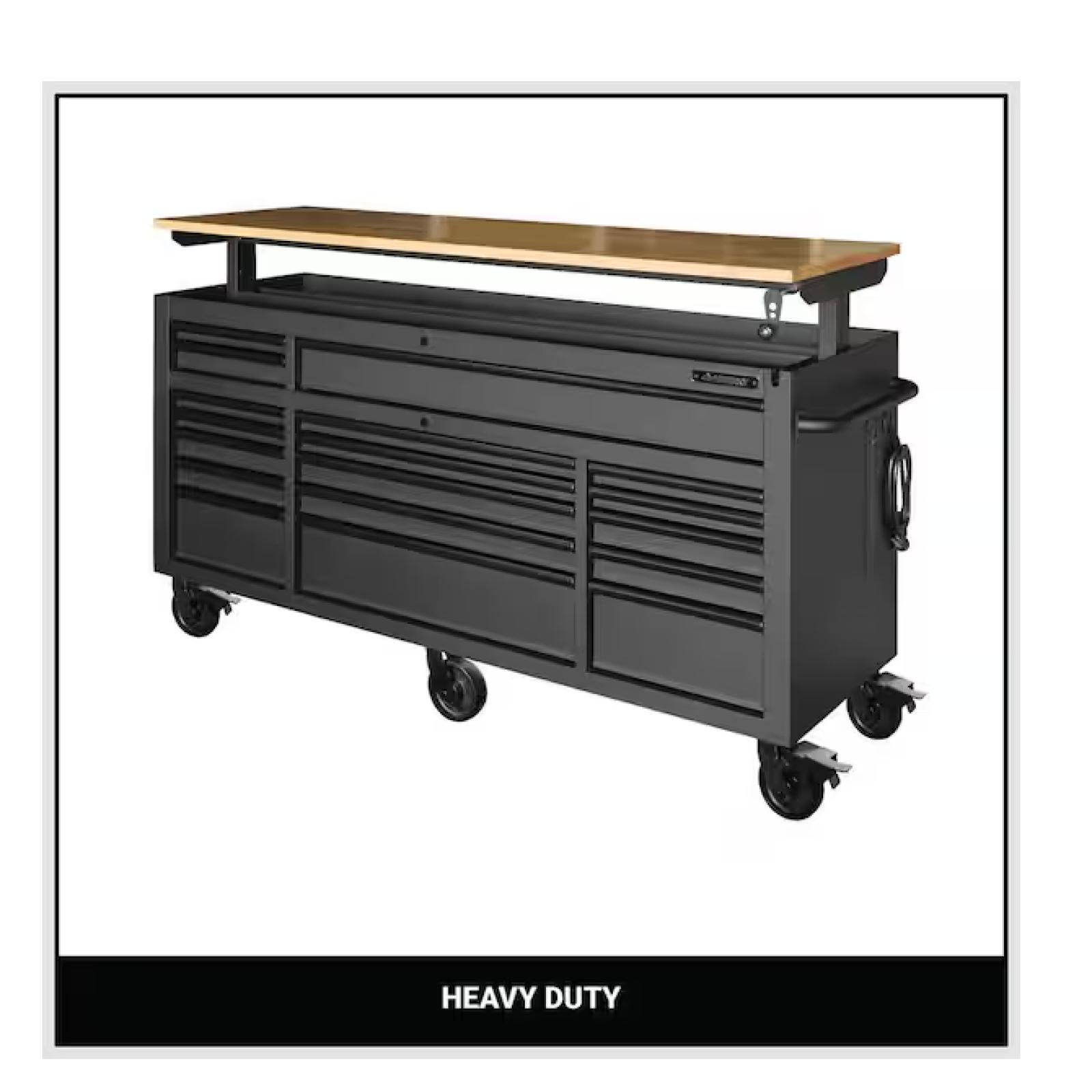 Husky 72 in. W x 24 in. D Heavy Duty 18-Drawer Mobile Workbench Cabinet with Adjustable-Height Hardwood Top in Matte Black