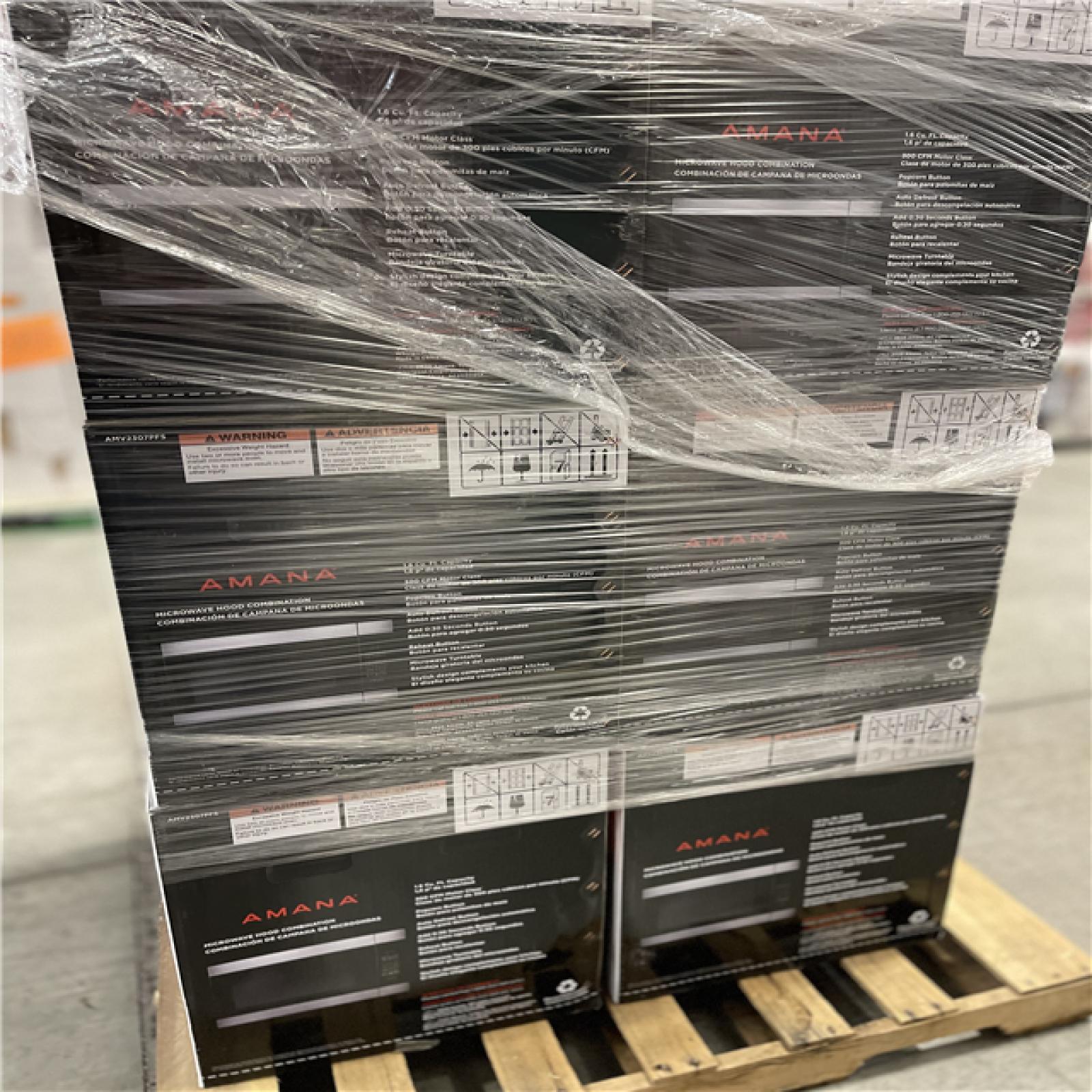 DALLAS LOCATION- NEW!- Amana 1.6 cu. ft. Stainless Steel Electric 1000-Watt Over the Range Microwave 300 Exhaust CFM PALLET (6 UNITS)